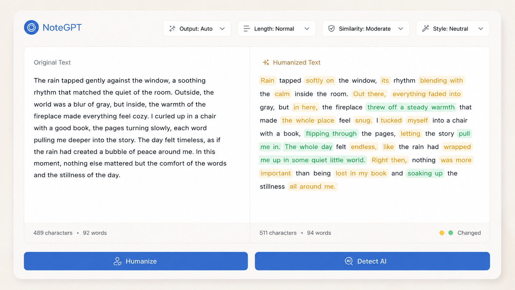 NoteGPT AI Humanizer showing original and humanized text side by side with highlighted wording changes and AI detection controls.