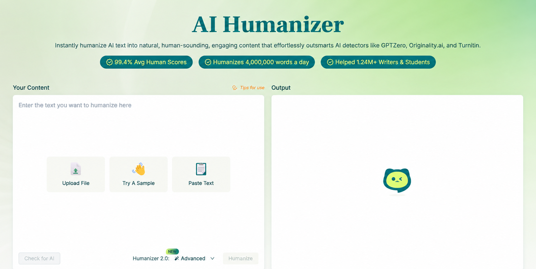 AI Humanizer interface showing a side-by-side input and output layout with options to upload a file, try a sample, paste text, and humanize AI-generated content.