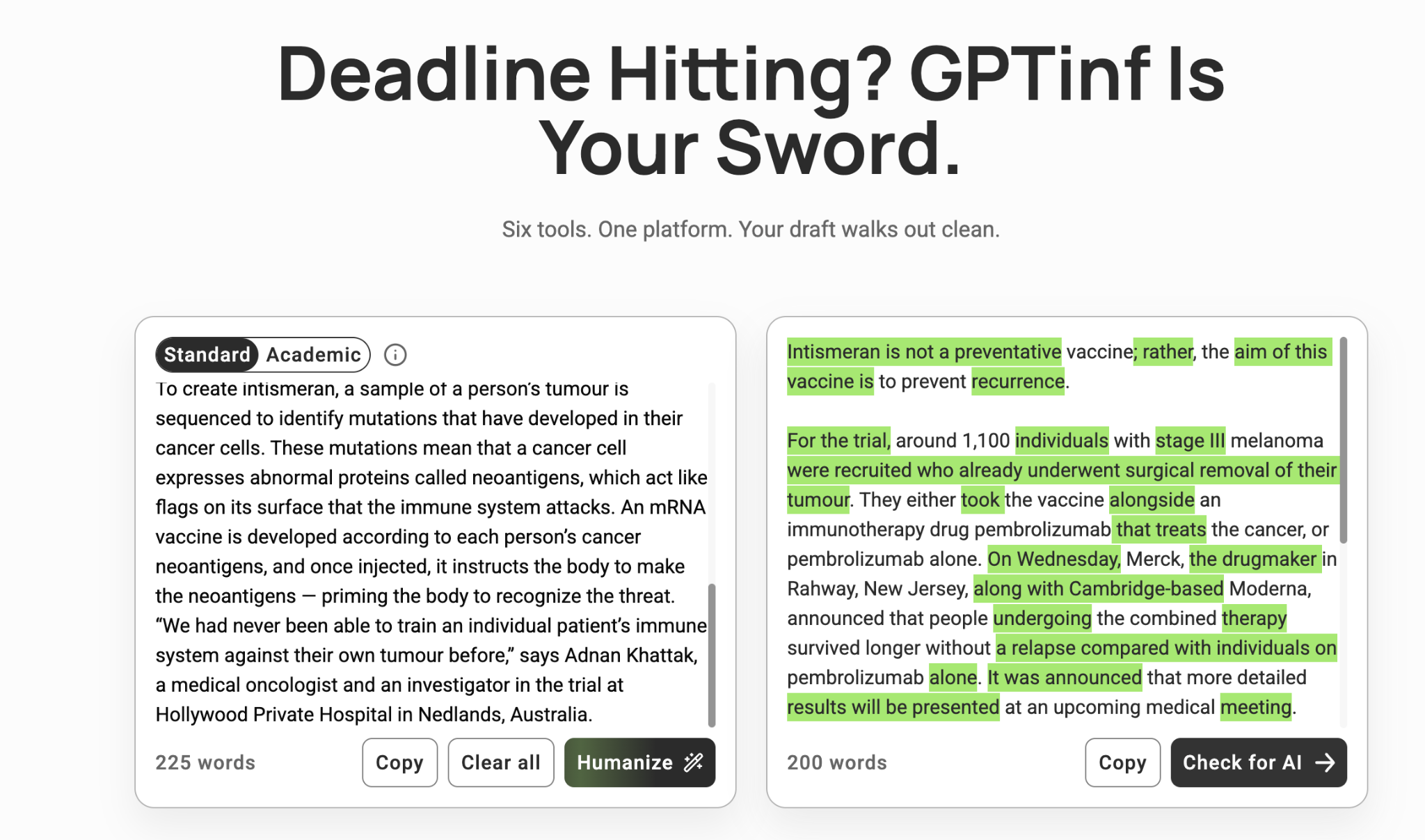 GPTinf AI Humanizer showing original AI text and a humanized version side by side with revised phrases highlighted.