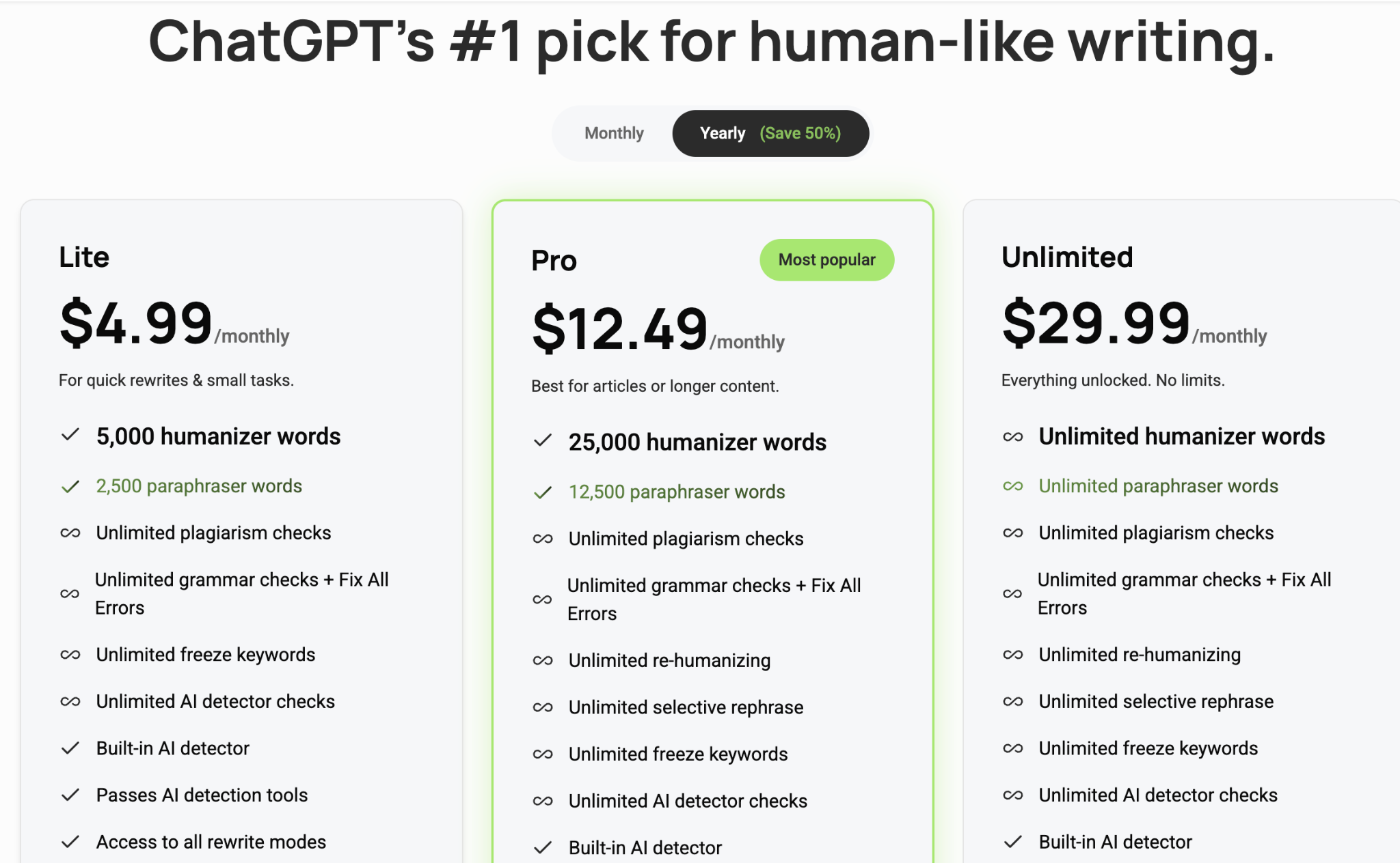 GPTinf pricing plans comparing Lite, Pro, and Unlimited tiers with monthly prices, humanizer word limits, and key AI detection features.