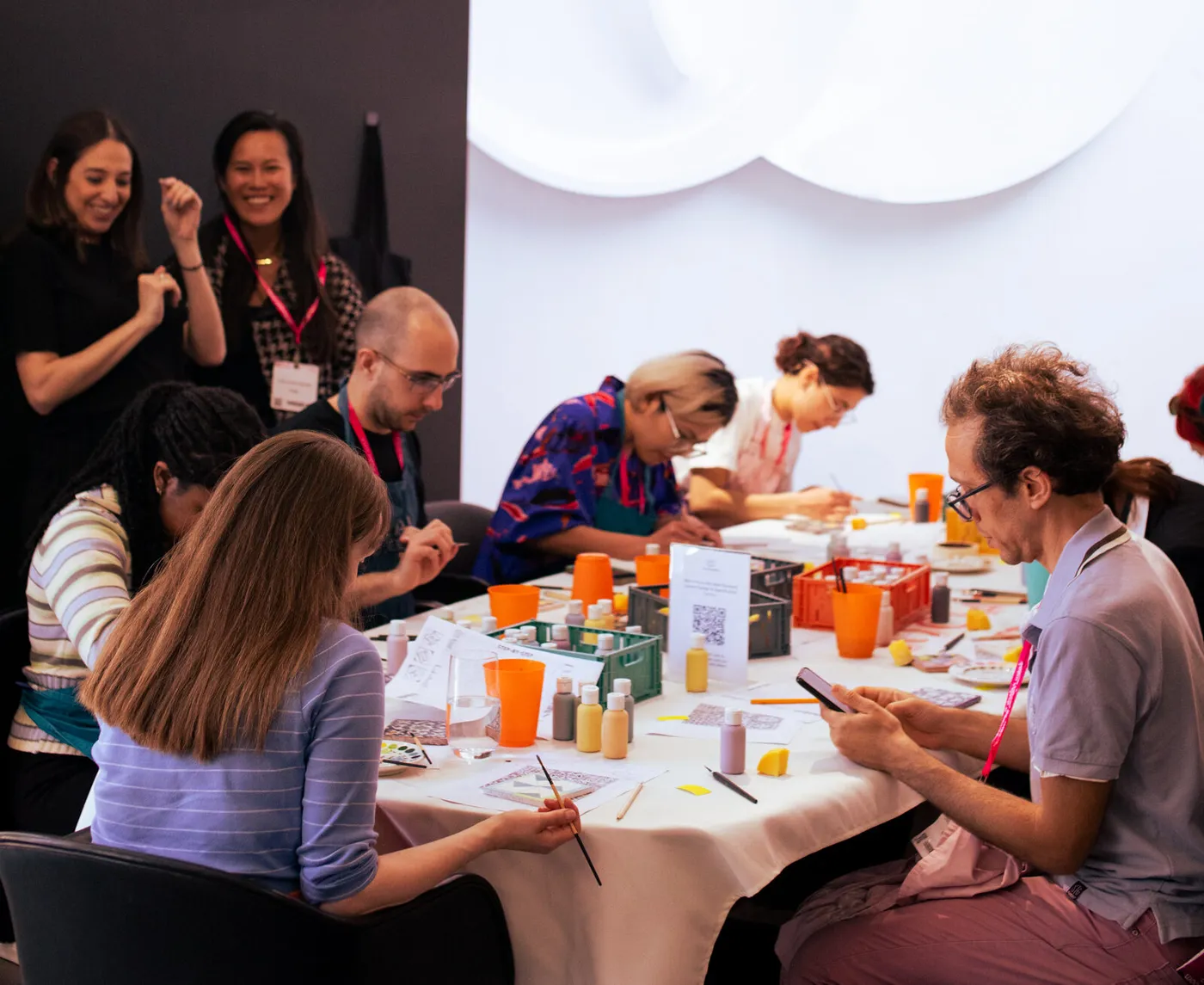 Mobile pottery workshop in full swing at an office