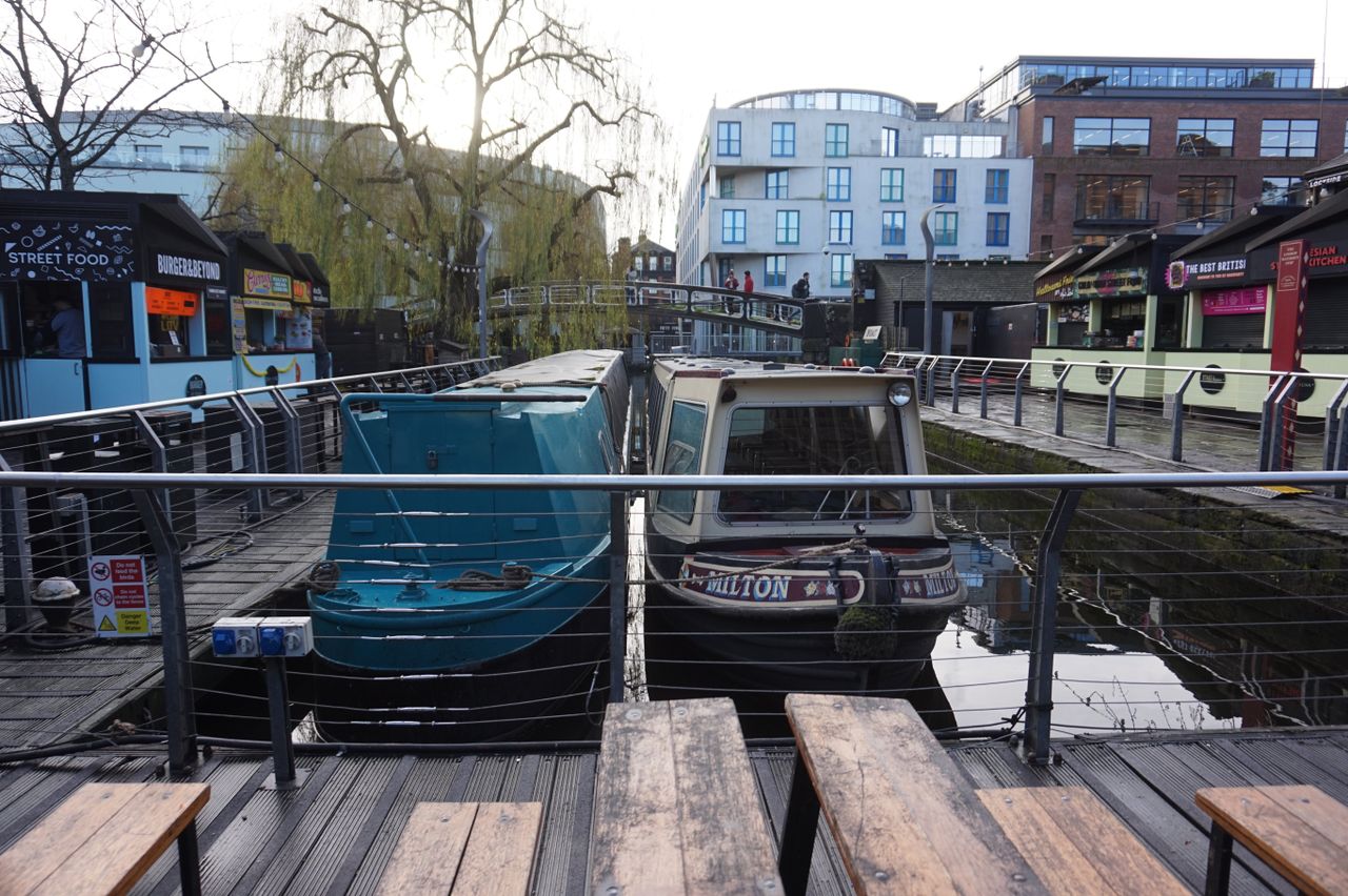 Narrowboats moored along the Regent’s Canal towpath at Camden Town