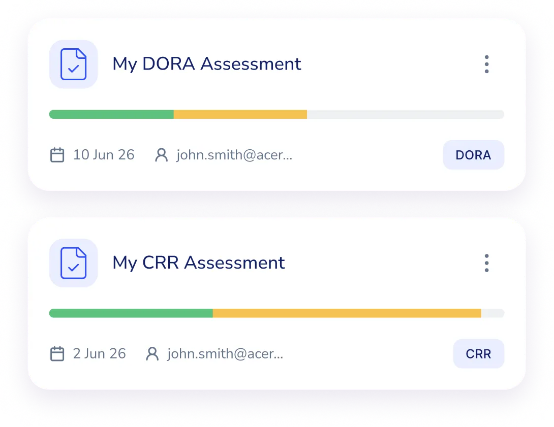 Two Helia assessment cards, one for DORA and one for CRR, each showing its completion progress