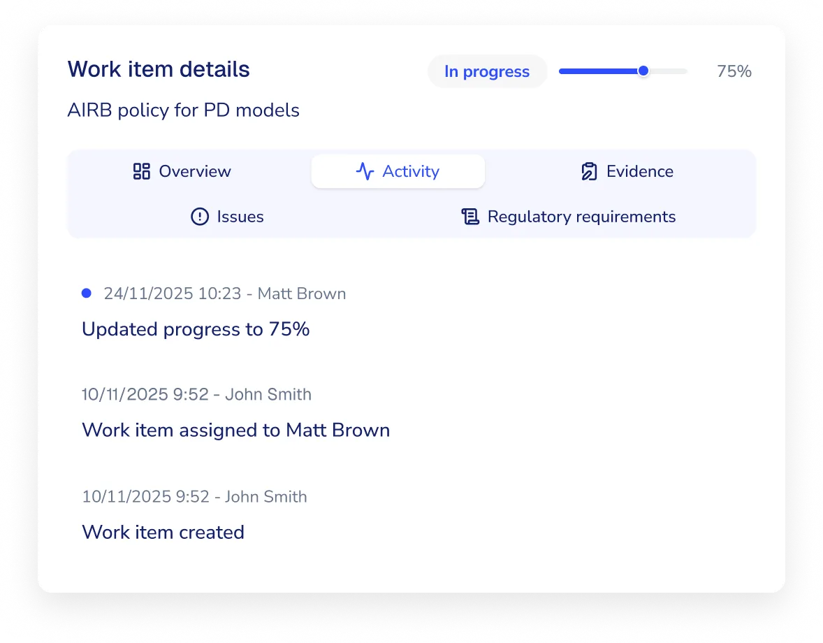A Helia work item for an AIRB policy, showing its activity log and 75% progress