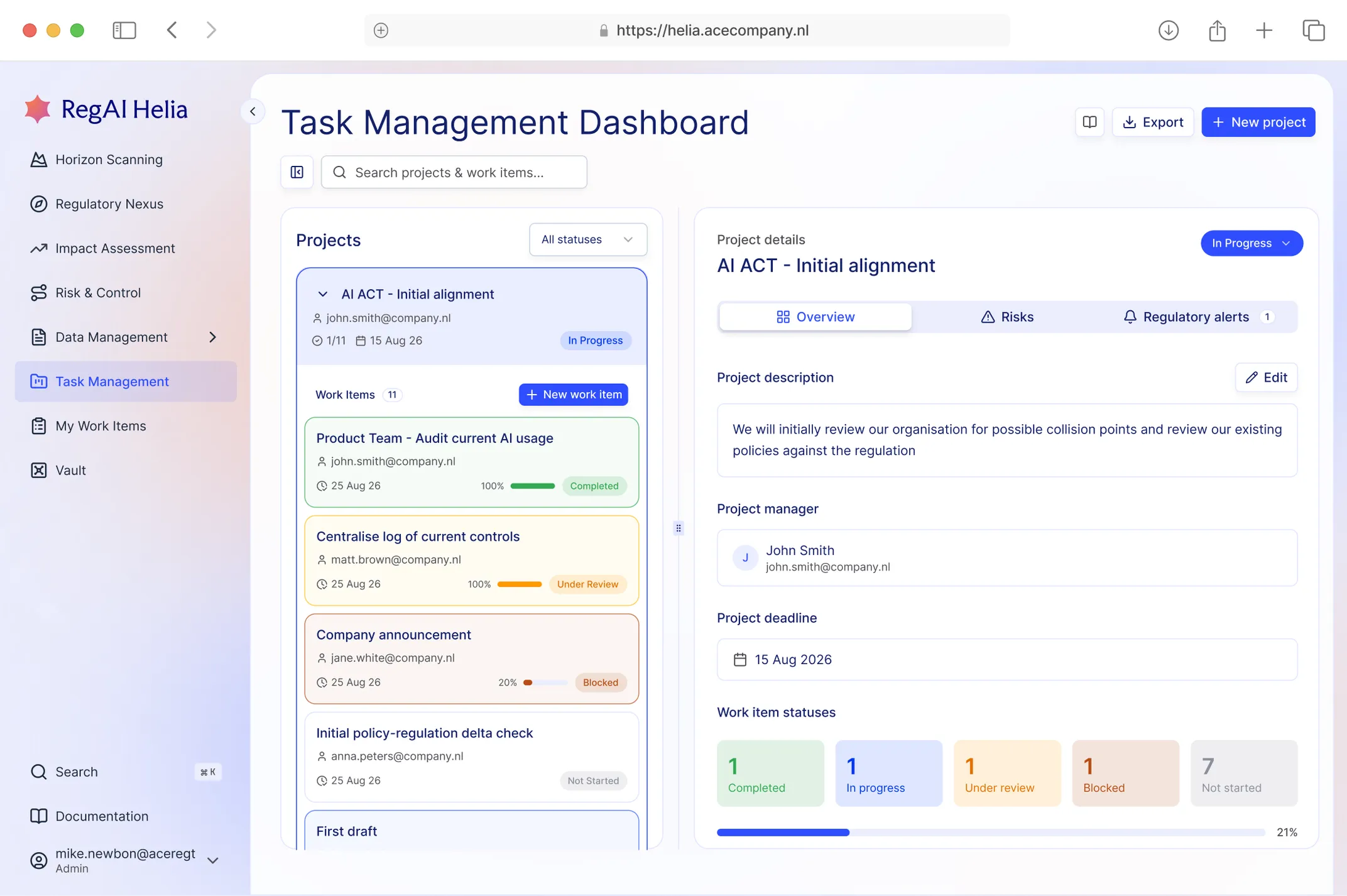 The RegAI Helia interface, showing a task management dashboard with projects, work items and regulatory alerts