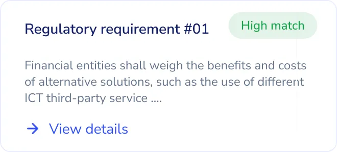 A Helia result card for regulatory requirement #01, marked as a high match