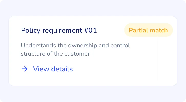 A Helia result card for policy requirement #01, marked as a partial match