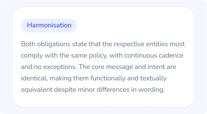 A Helia harmonisation card, explaining that two obligations are functionally equivalent