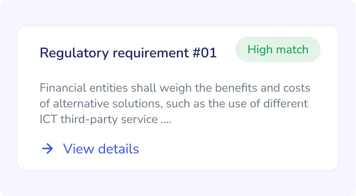 A Helia result card for regulatory requirement #01, marked as a high match