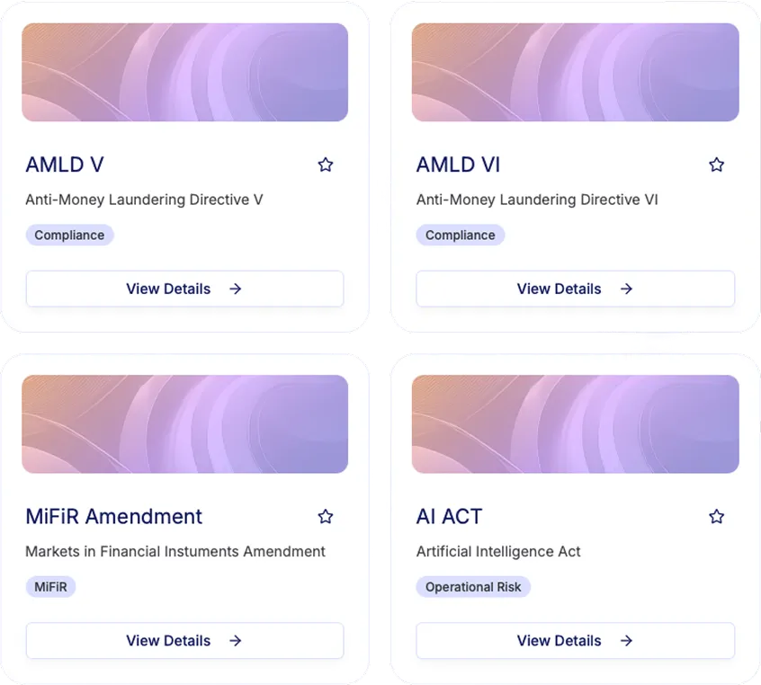 Helia regulation cards for AMLD V, AMLD VI, the MiFiR Amendment and the AI Act