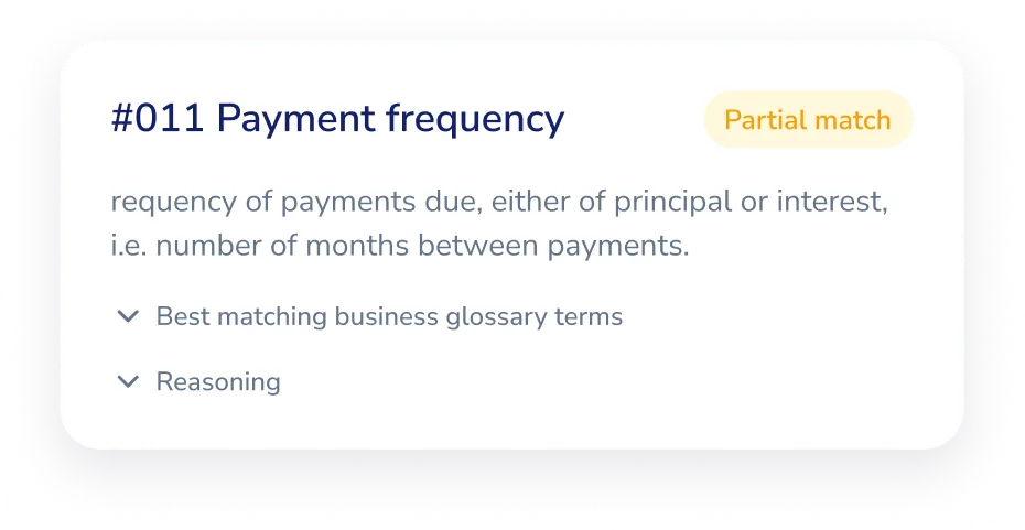 A Helia data requirement card for payment frequency, marked as a partial match