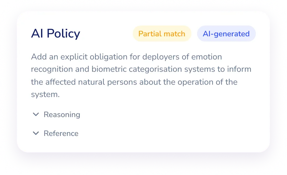 A Helia AI policy card, partially matched, recommending an explicit obligation on emotion recognition systems