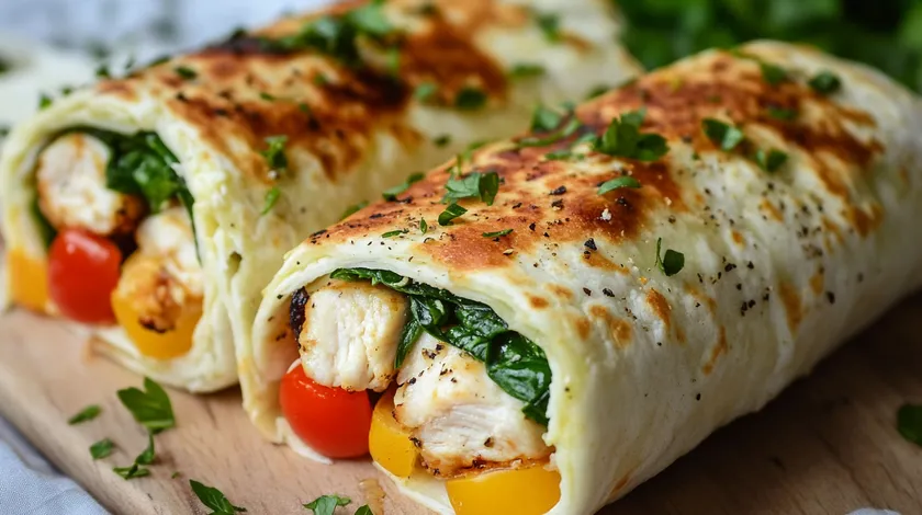 Two grilled wraps filled with chicken, spinach, and bell peppers, garnished with herbs, on a wooden board.