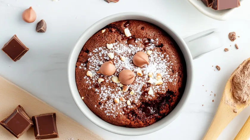 Chocolate mug cake topped with powdered sugar and chocolate drops, surrounded by chocolate pieces and a wooden spoon on a white surface.