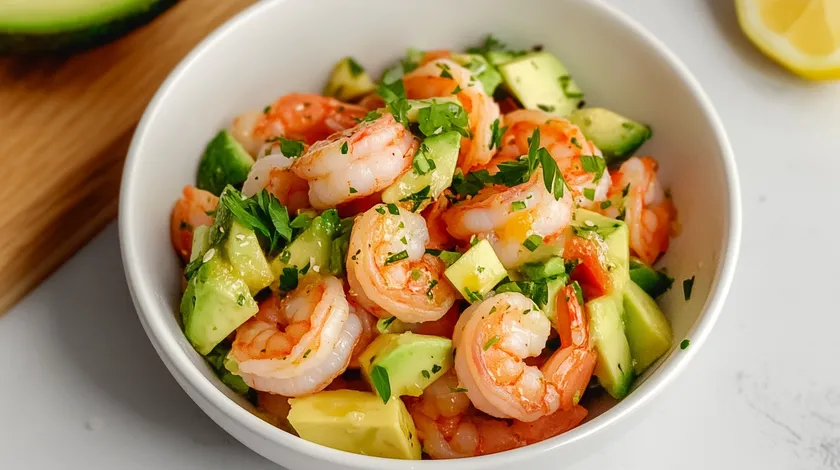 A bowl of shrimp and avocado salad garnished with chopped parsley, set on a light surface with a lemon wedge nearby.