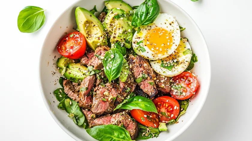A bowl with sliced steak, avocado, cherry tomatoes, a halved boiled egg, spinach, and basil leaves, garnished with seasoning.