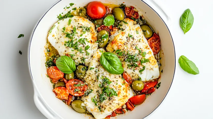Pan-seared fish fillets with cherry tomatoes, green olives, and fresh basil in a white dish, garnished with herbs.