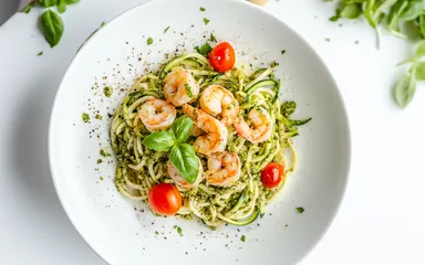Zucchini Noodles with Pesto & Grilled Shrimp
