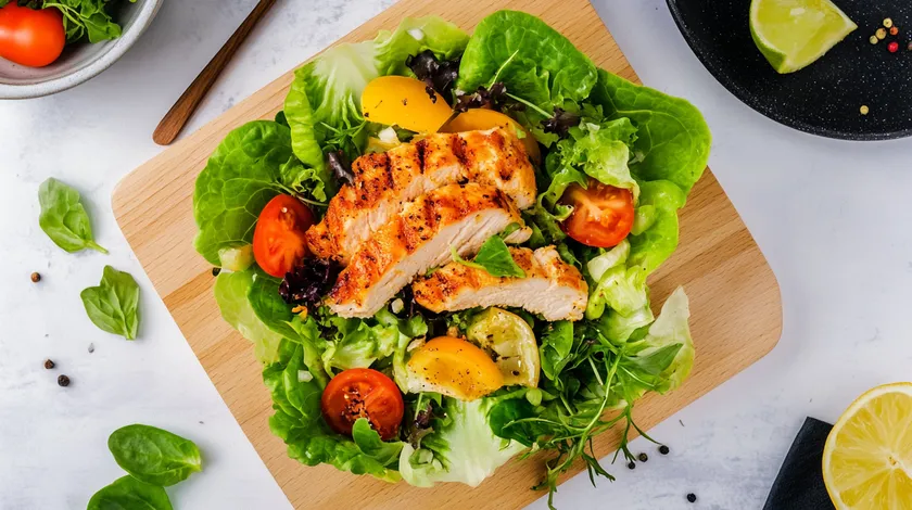 Grilled chicken salad with cherry tomatoes, yellow bell peppers, and mixed greens on a wooden board, accompanied by lime and lemon slices.