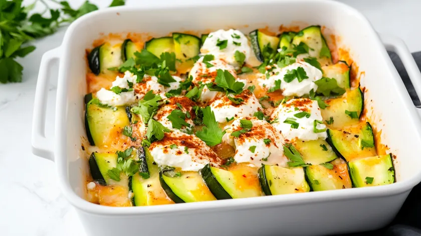 A white baking dish with zucchini slices topped with dollops of ricotta, sprinkled with paprika and parsley, on a marble countertop.