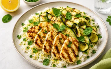 Grillad zucchini- och halloumisallad med citronris