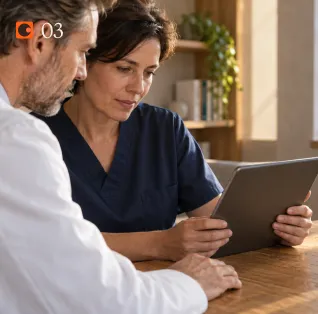 Zwei Fachärzte besprechen eine Untersuchung am Tablet