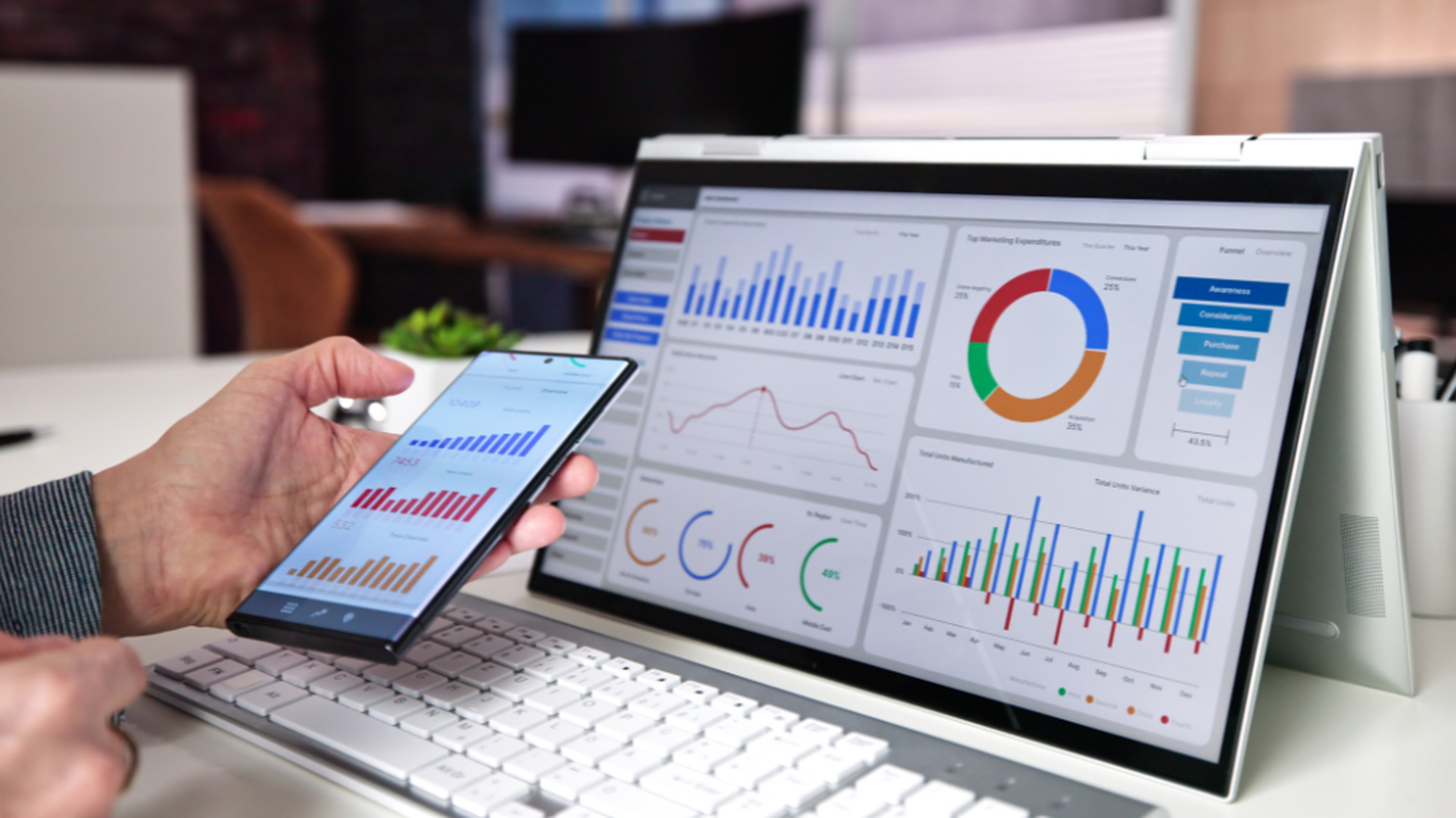 Une personne tient un smartphone affichant des graphiques de KPI du transport, à côté d’un ordinateur portable présentant des tableaux et indicateurs de performance du transport sur un bureau blanc.