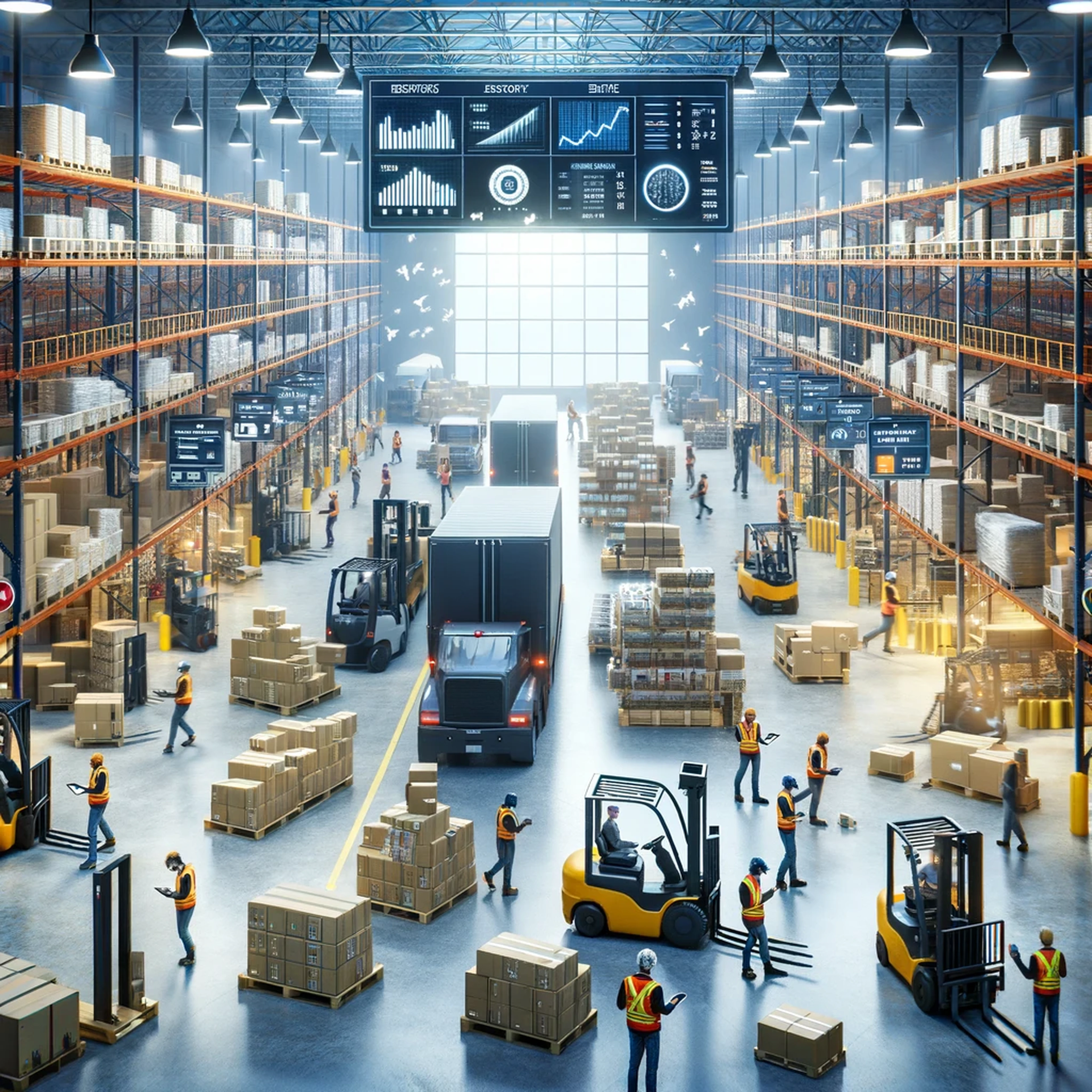 Imagination of a warehouse workplace, designed for productivity with dock appointment system on a screen