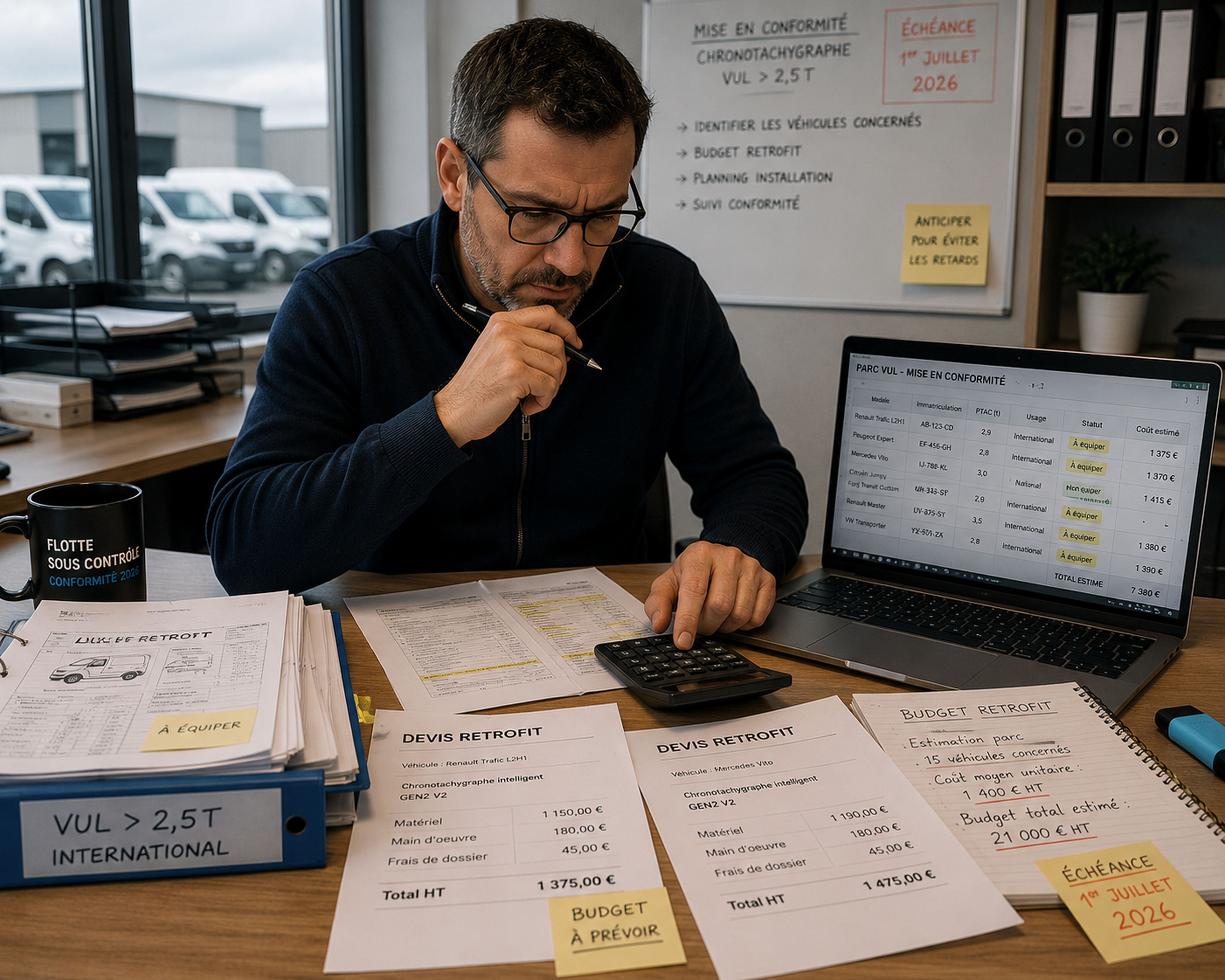 Gestionnaire de flotte estimant les coûts du retrofit du chronotachygraphe 2026 avec calculatrice, dossiers administratifs, devis d’installation et suivi budgétaire dans un bureau transport