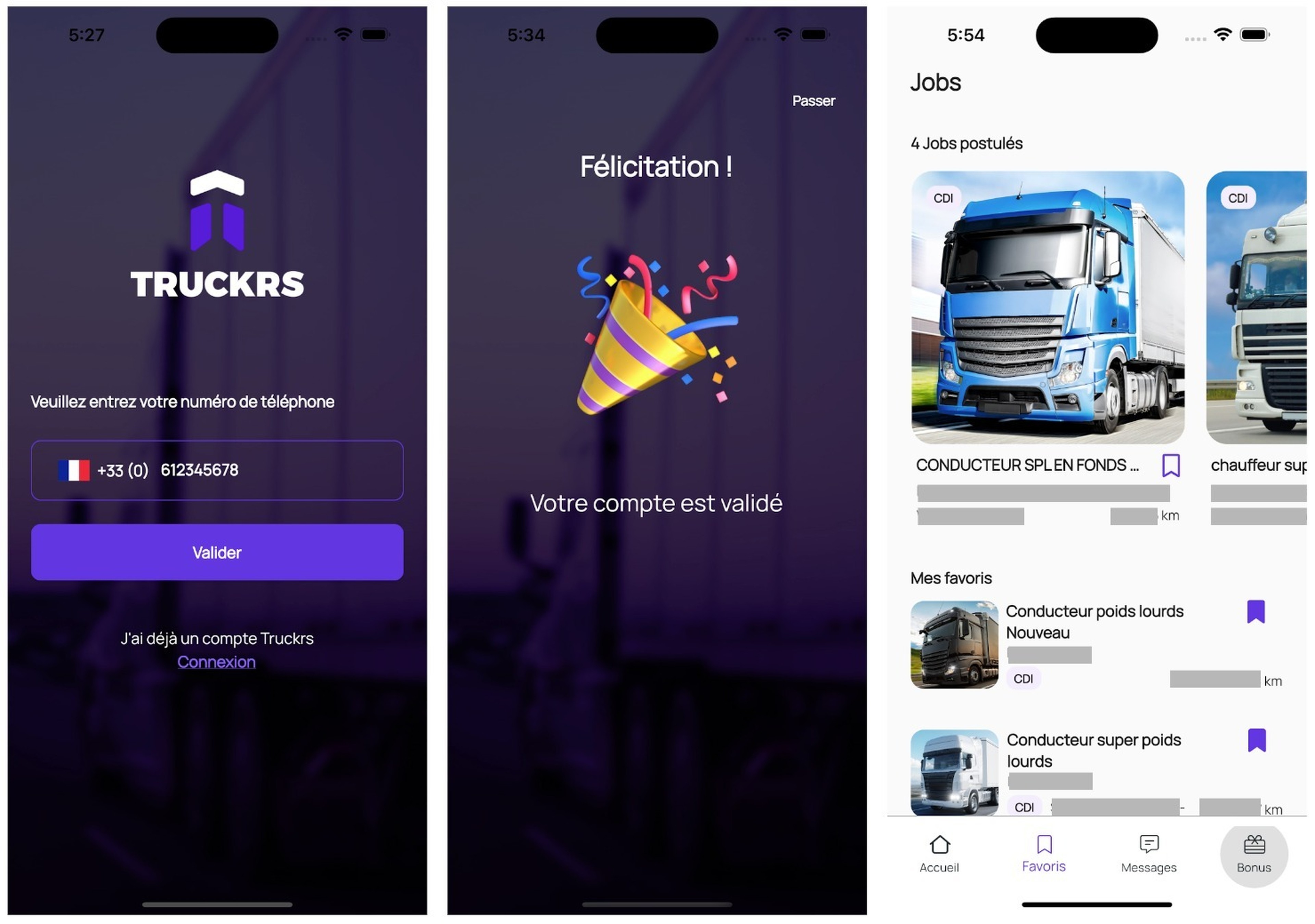 Screenshots de l’app Truckrs (© Truckrs 2022)