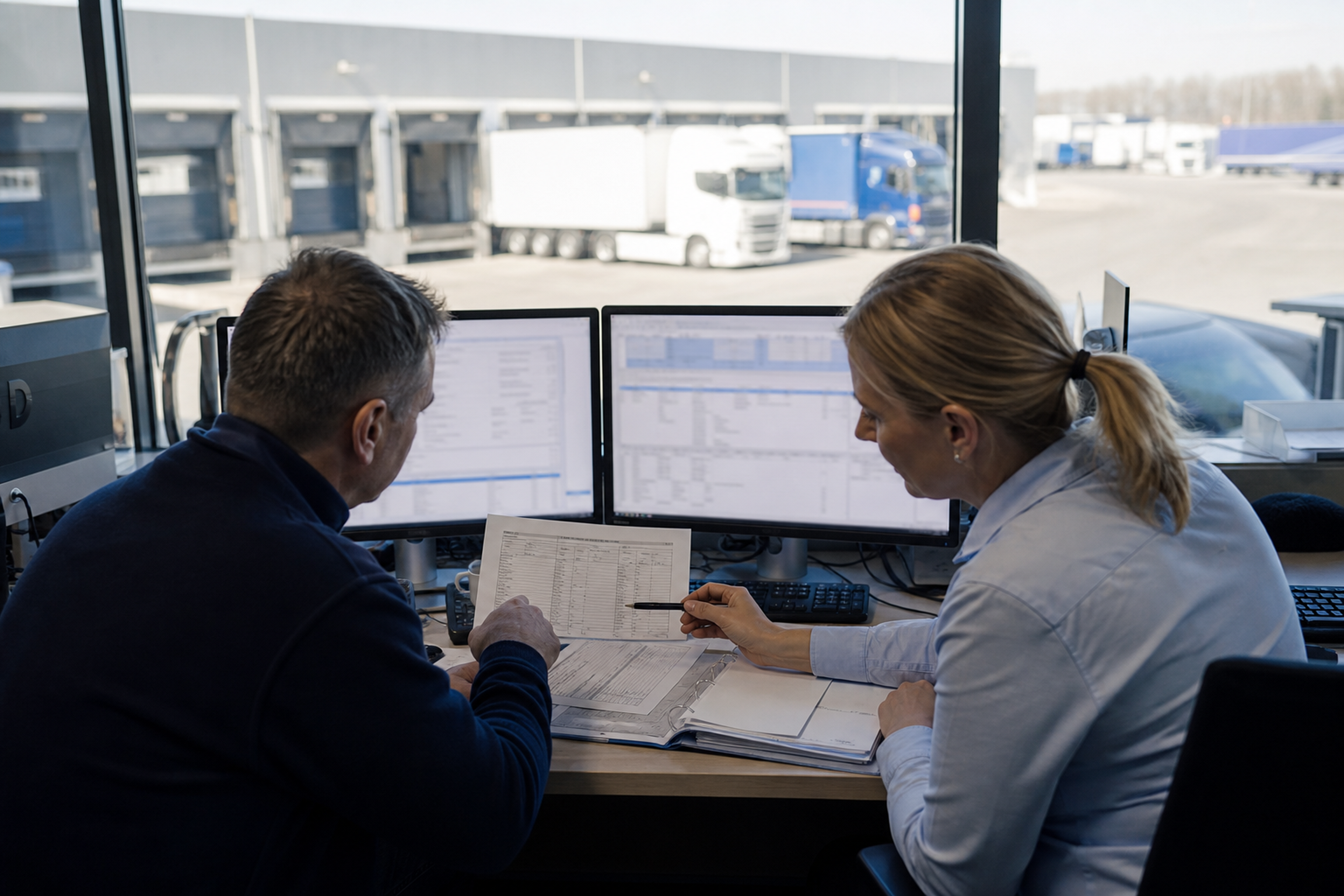 Équipe transport pilotant une flotte de camions depuis une salle d’exploitation, illustrant les gains de productivité liés à l’EDI logistique