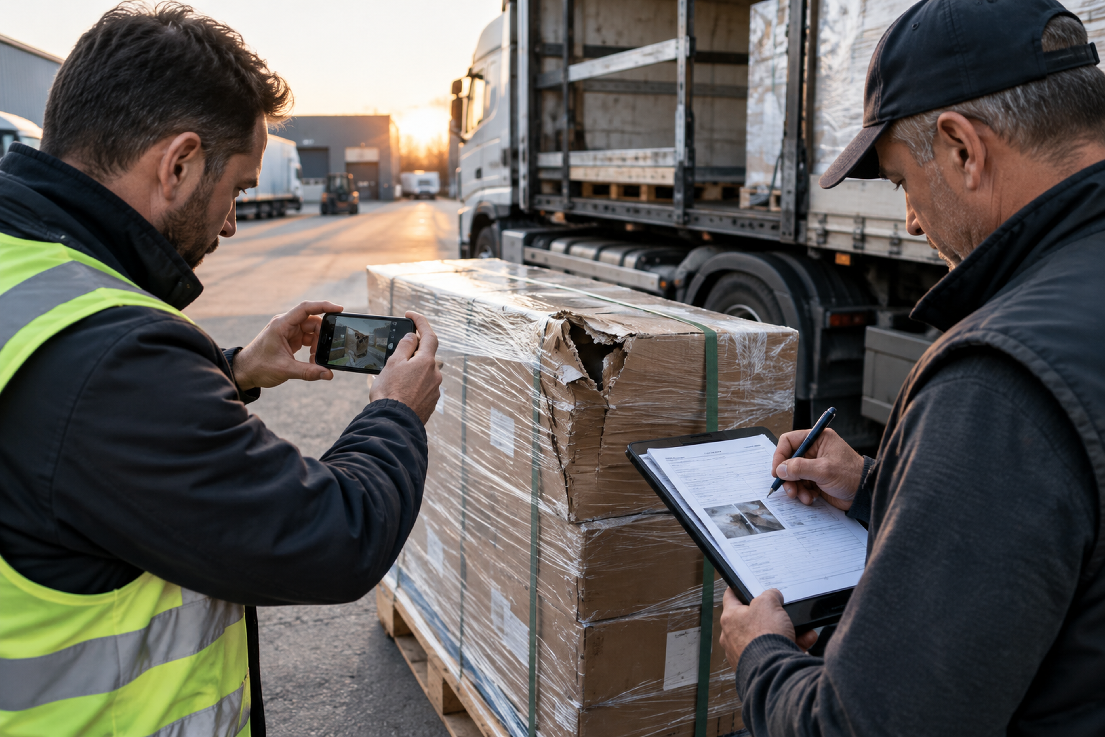 Chauffeur routier et destinataire constatant une palette endommagée et inscrivant des réserves sur une CMR à la livraison.