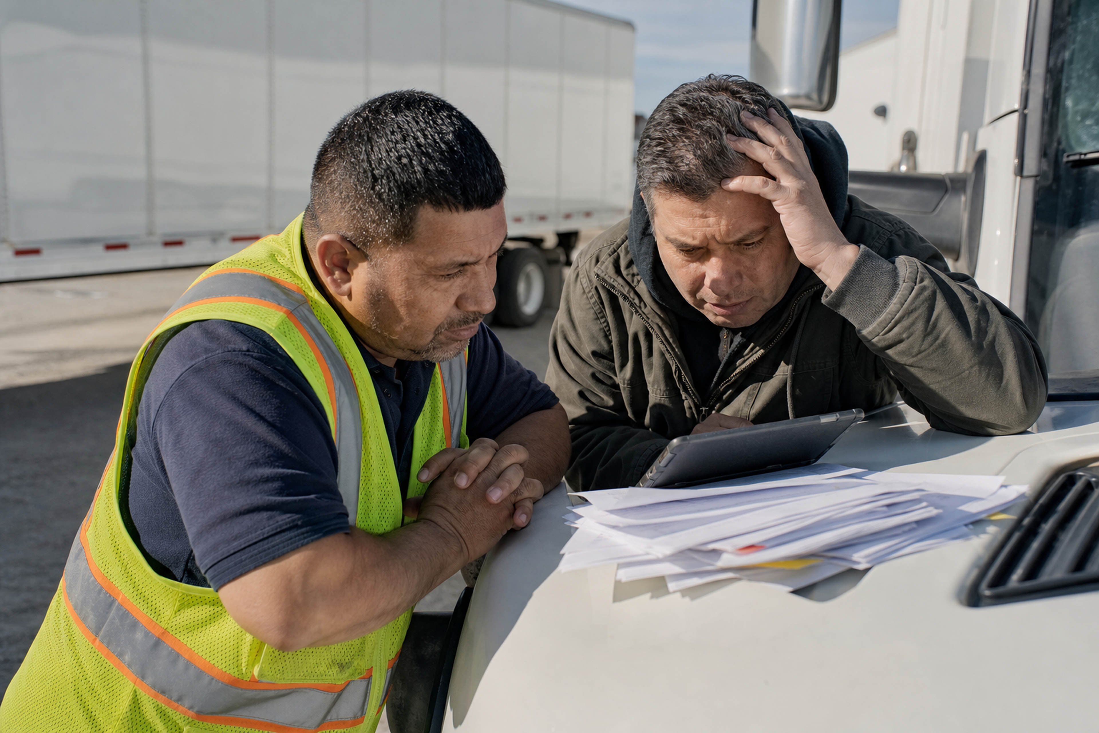 Deux professionnels du transport examinant des documents et une tablette avec préoccupation près d'un camion, illustrant la complexité de s'adapter à Verifactu et à la facturation électronique.