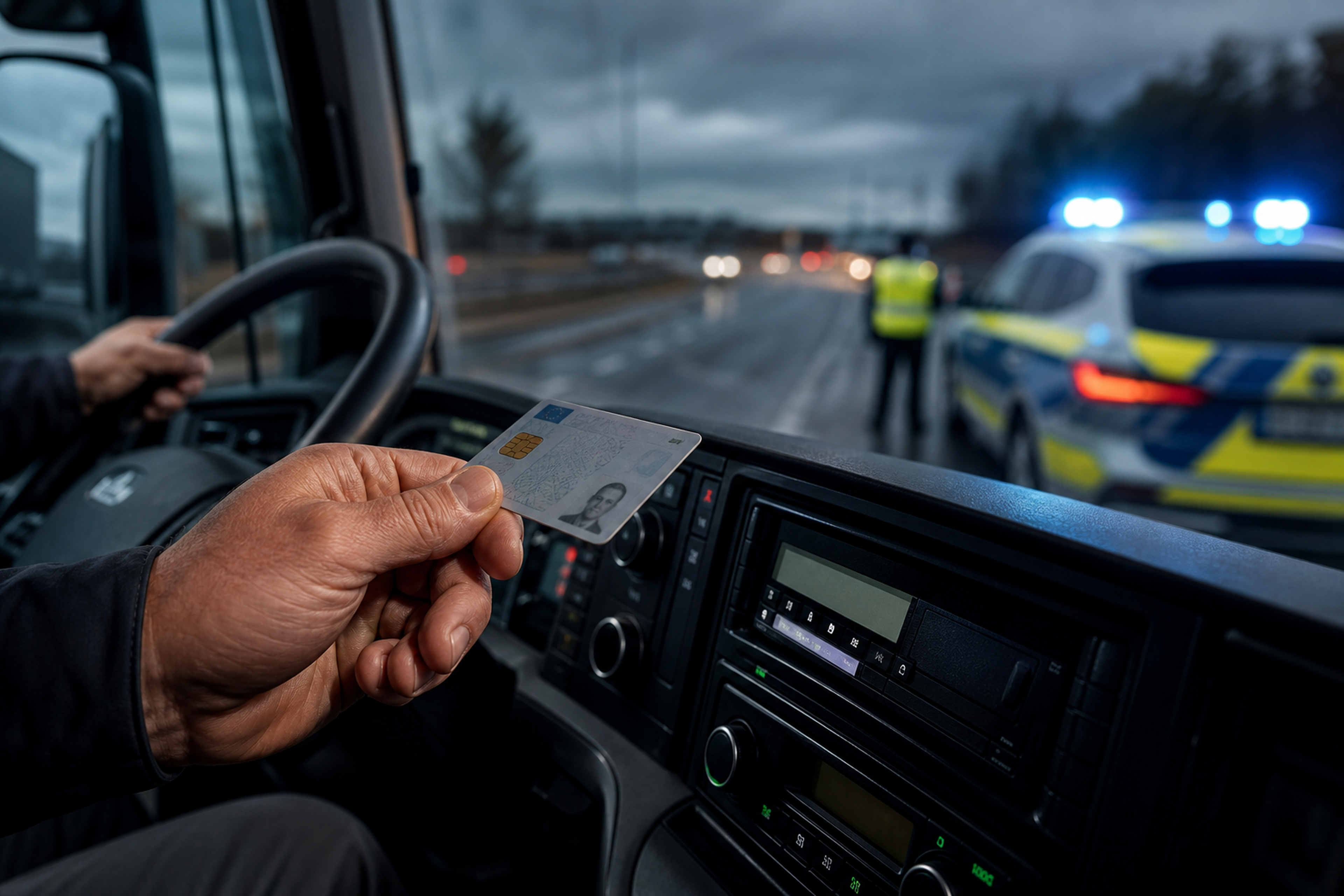 Conductor con la tarjeta en la mano en la cabina del camión durante un control policial, ilustrando la sanción por conducir sin tarjeta de tacógrafo