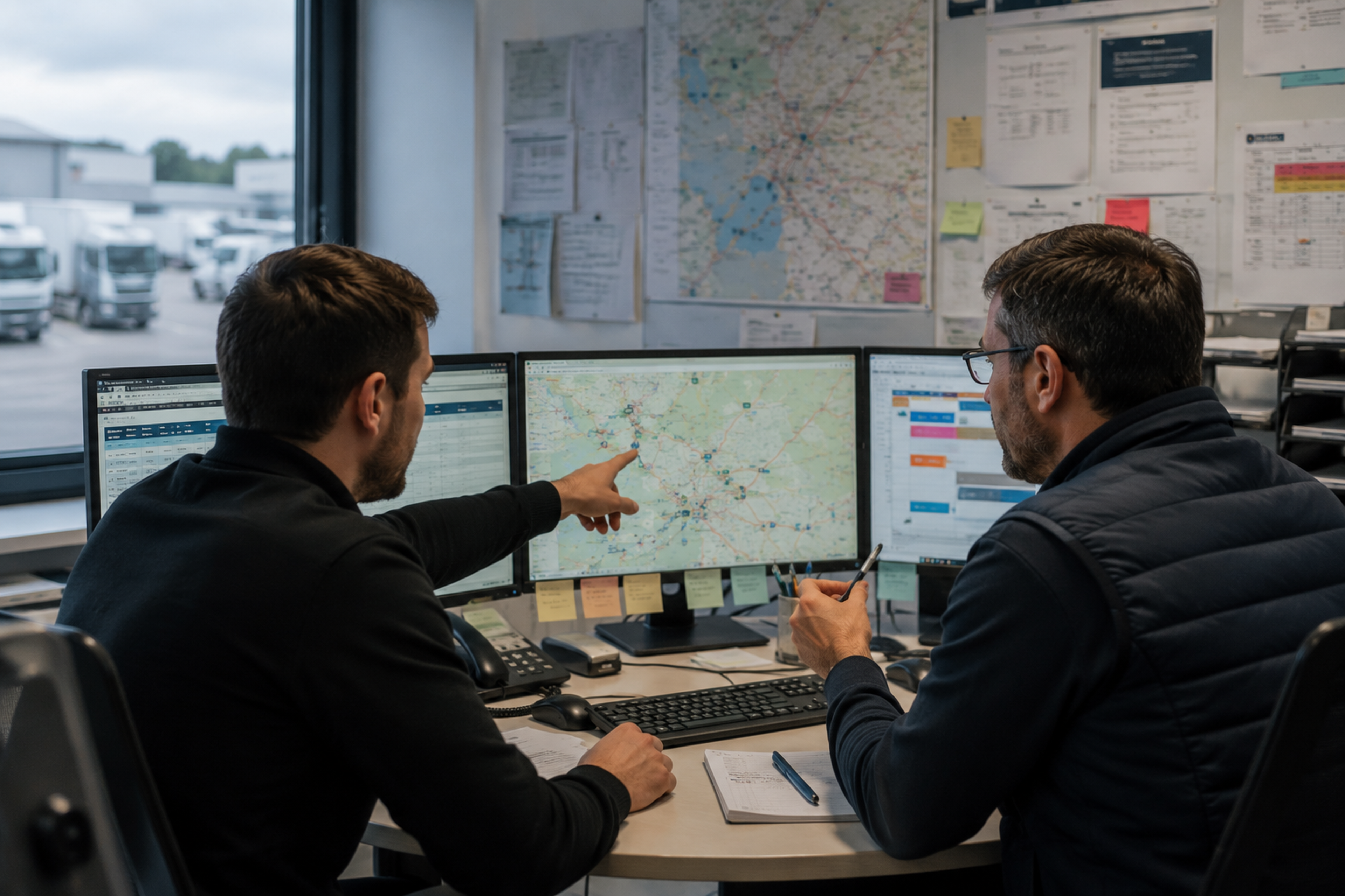 Dos profesionales del transporte supervisando un sistema de control de flotas con mapas GPS, rutas de vehículos y datos logísticos en tiempo real.
