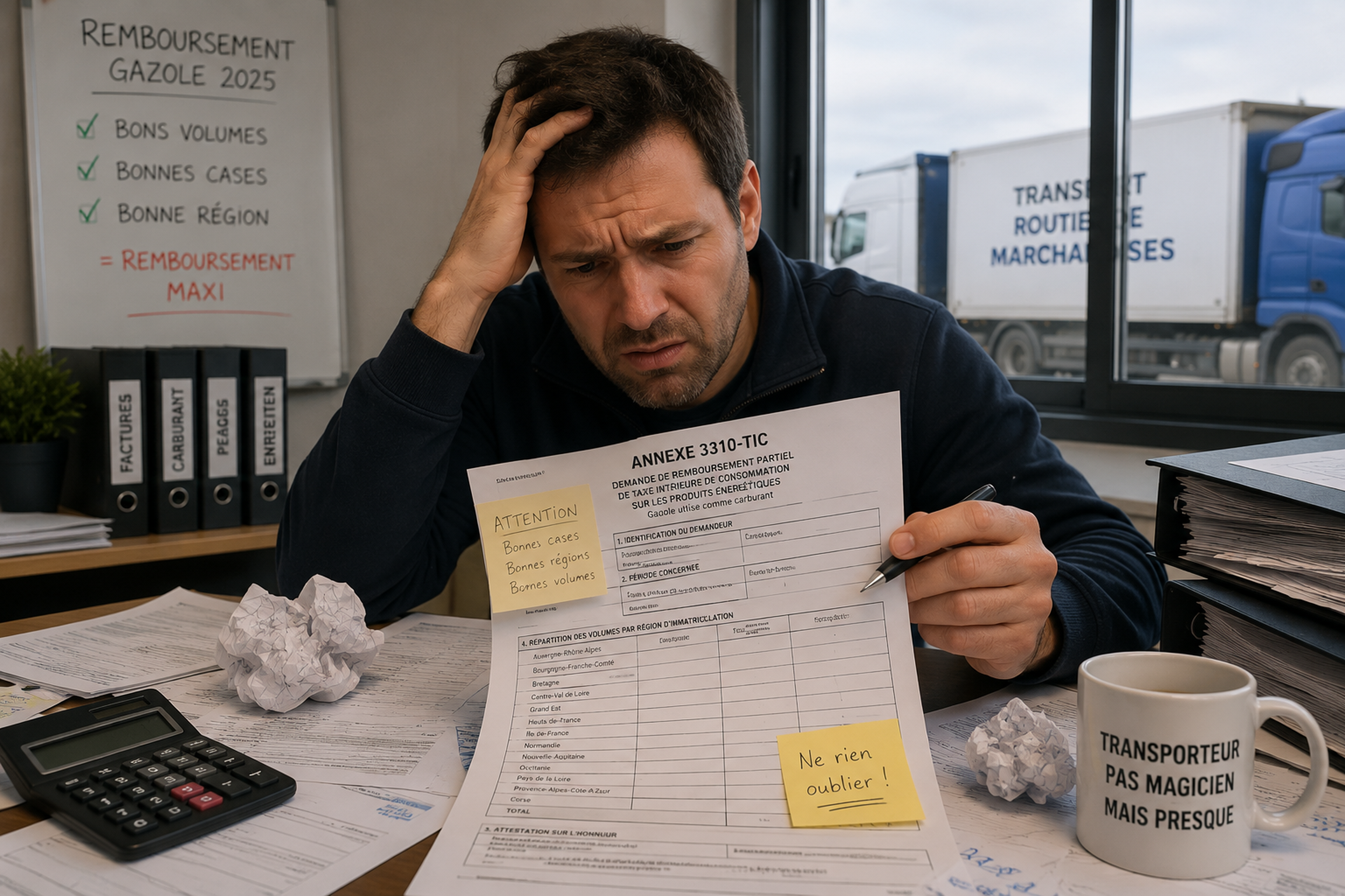 Transporteur routier de marchandises en difficulté devant des documents administratifs et une calculatrice, en train de remplir l’annexe 3310-TIC pour le remboursement gazole.