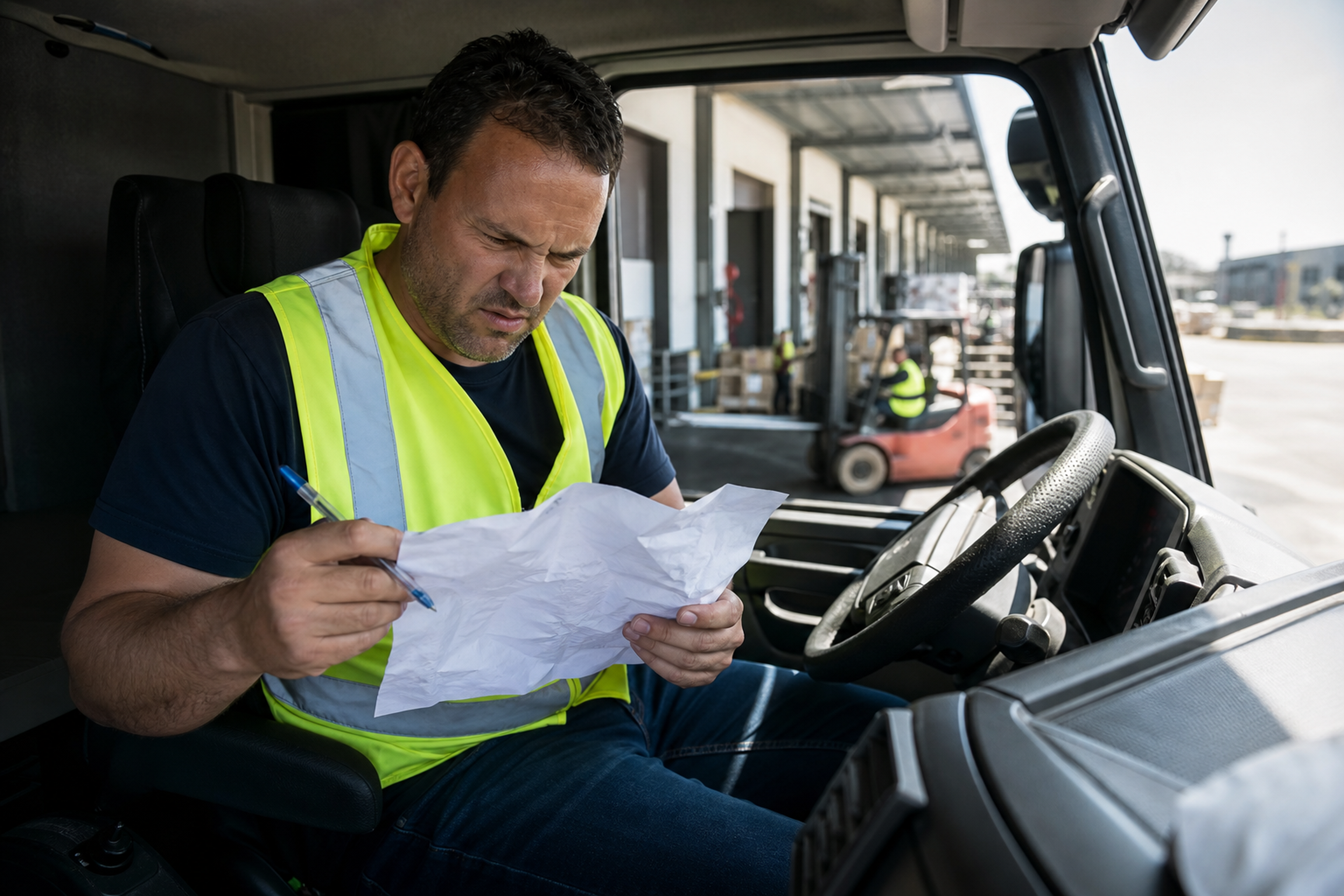 Conductor de camión frustrado rellenando a mano una carta de porte en la cabina, ilustrando el riesgo de olvidar campos y recibir multas.