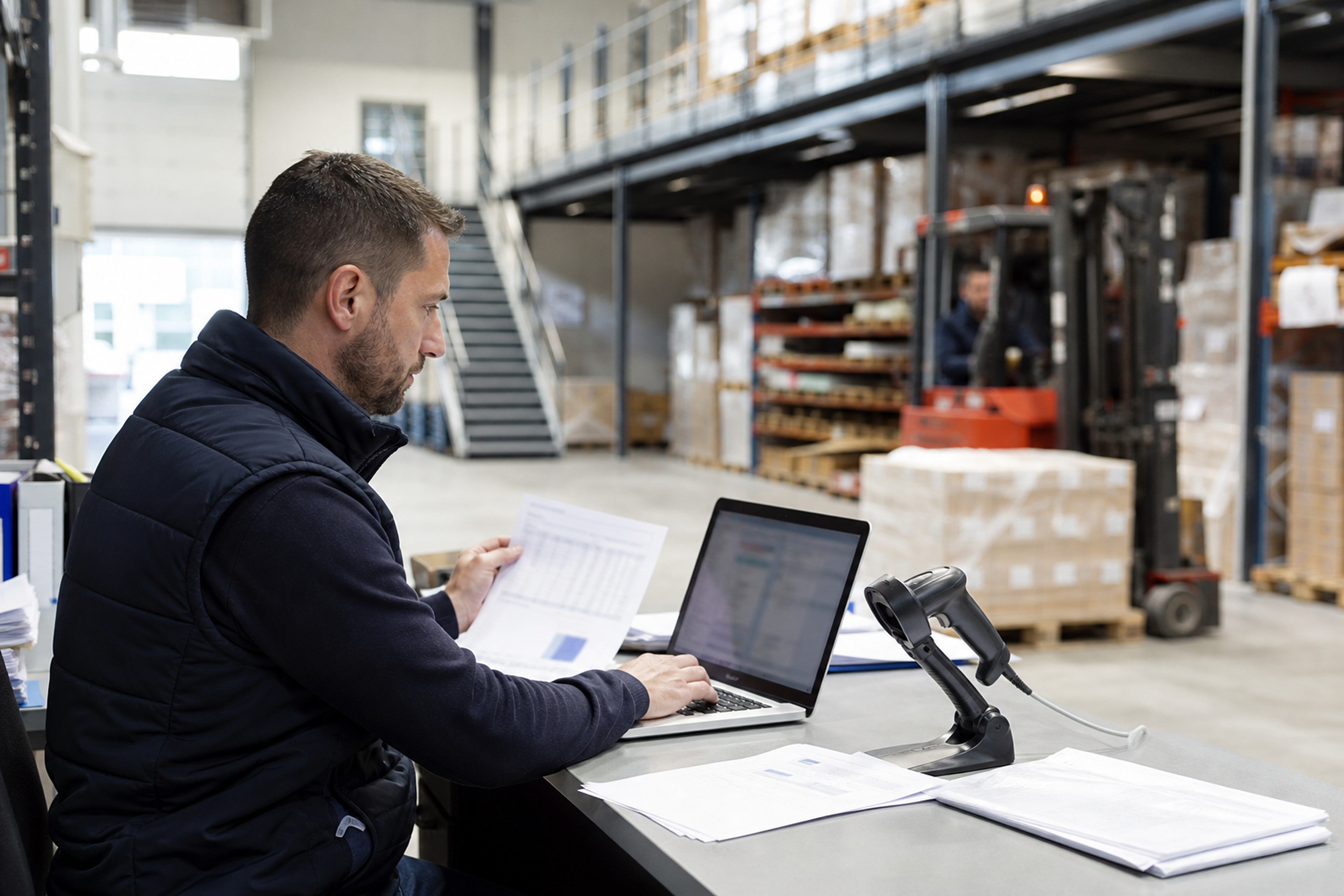 Responsable d’entrepôt travaillant sur un ordinateur avec un scanner de codes-barres, au milieu de rayonnages, pour comparer différents logiciels de gestion de stock