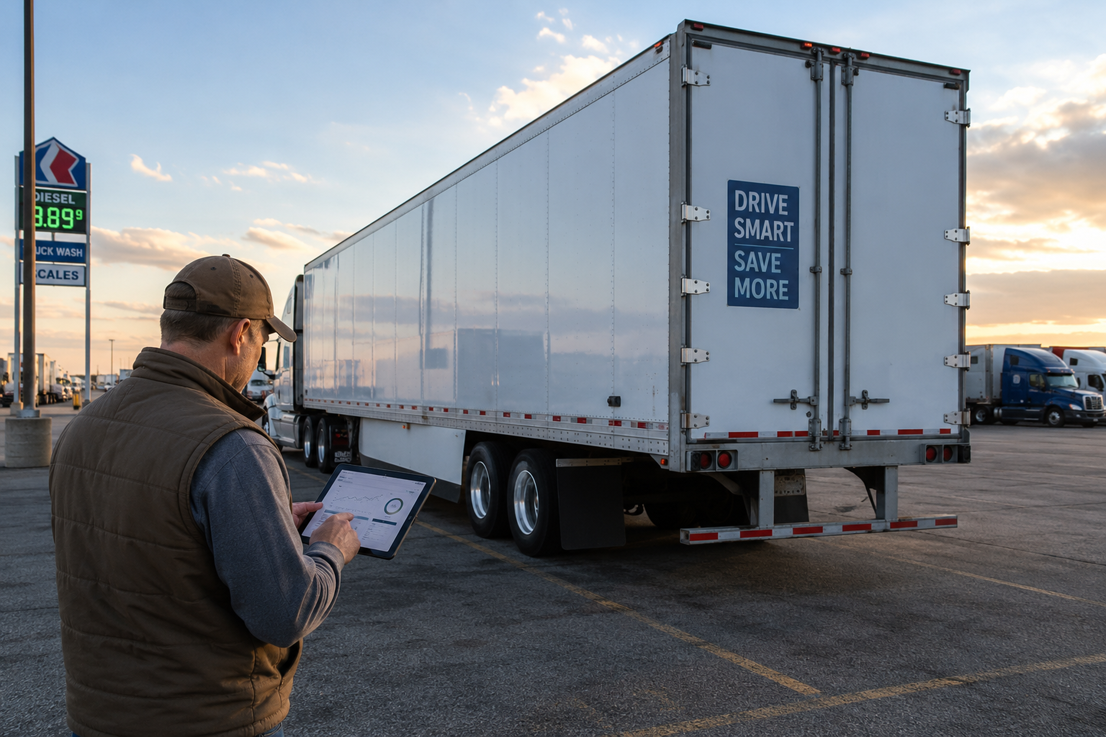 US truck driver reviewing fuel and cost-saving data in the cab