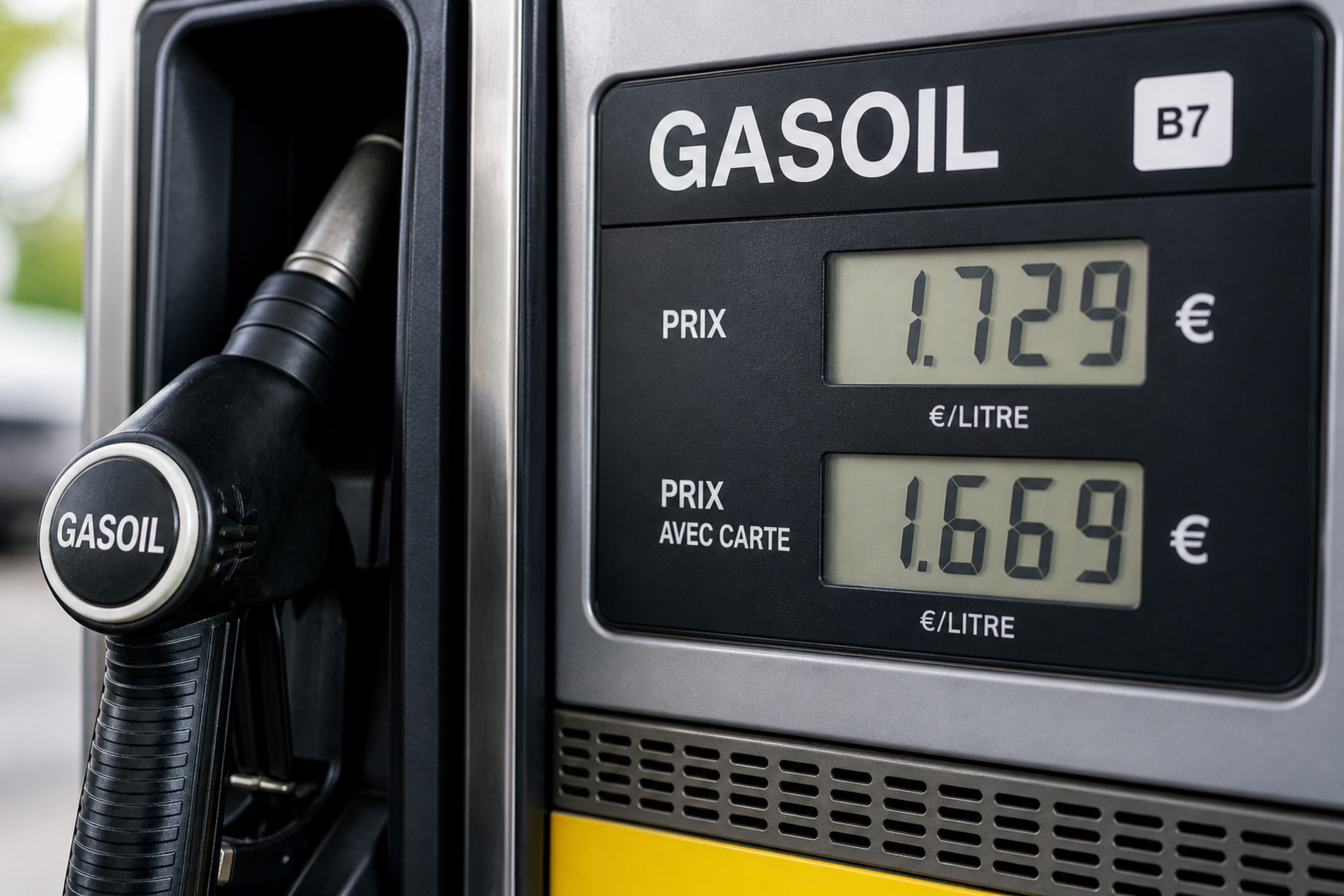 Gasoil pump displaying prices of 1.729 €/L and 1.669 €/L with card, labeled B7.