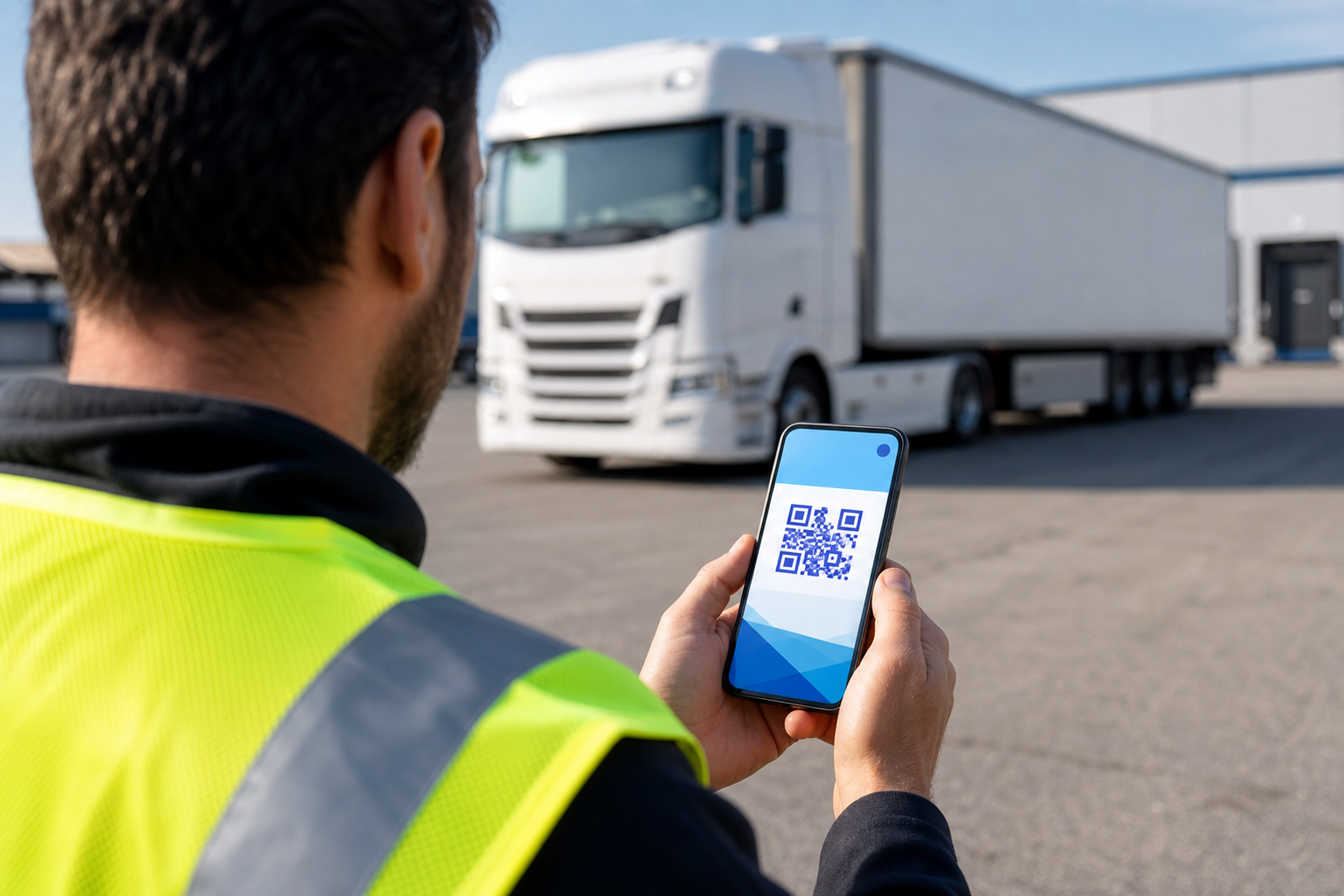 Transportista utilizando una tablet frente a un camión moderno, ilustrando la digitalización del documento de control prevista por la ley de movilidad sostenible
