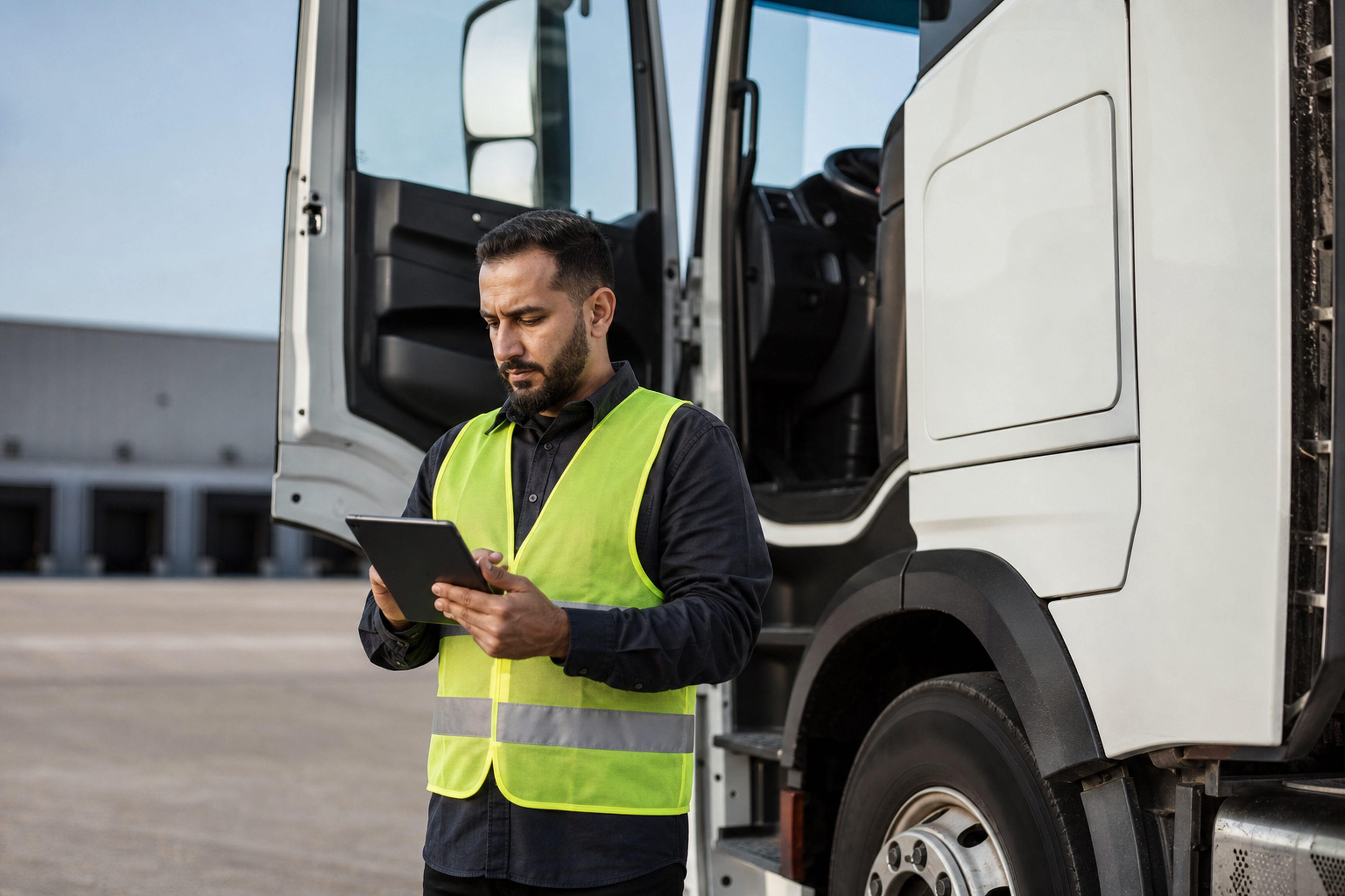 Transportista con chaleco reflectante usando una tablet junto a su camión, verificando documentos digitales para asegurar el cumplimiento normativo de flotas