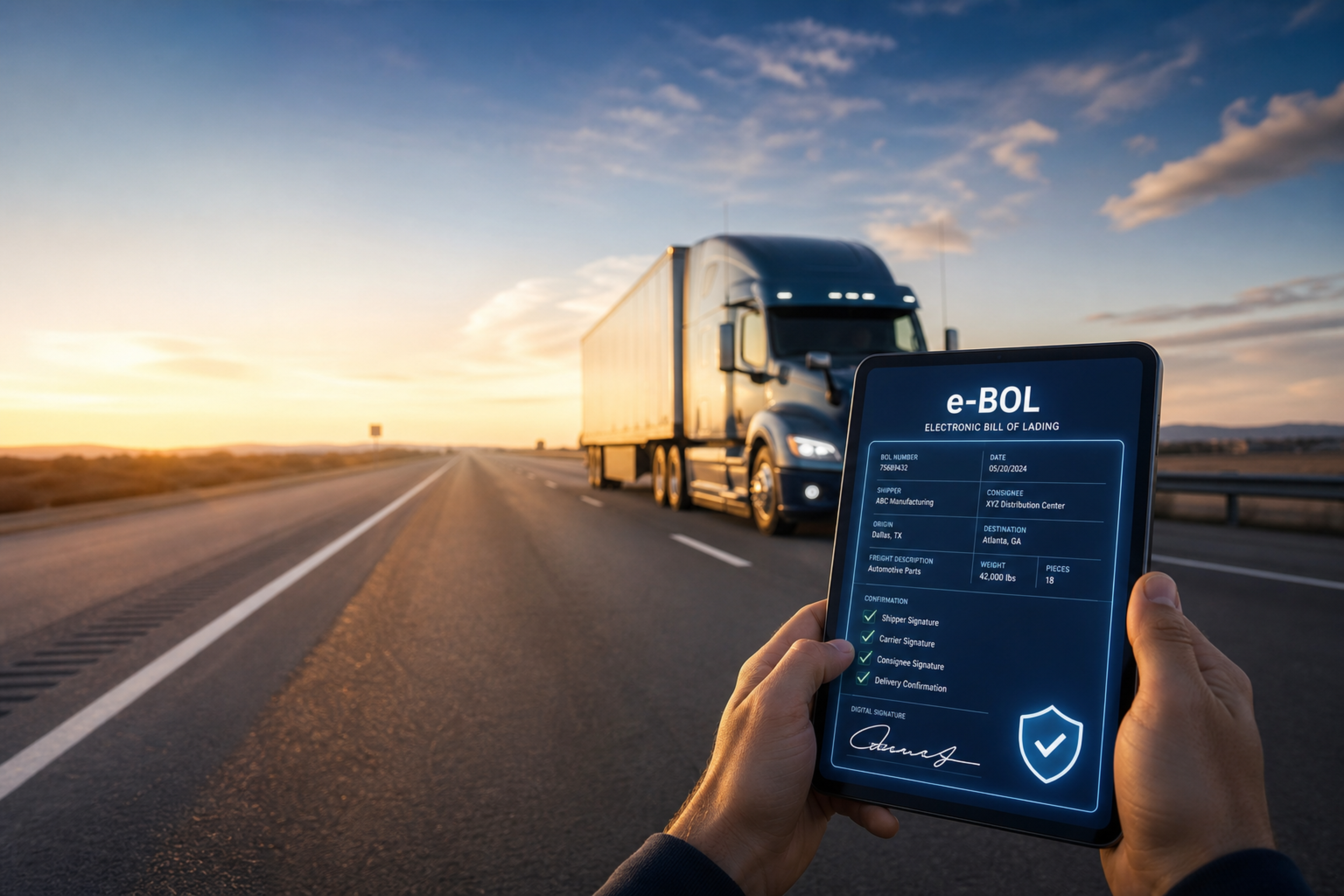 Truck driver signing an electronic bill of lading on a mobile device