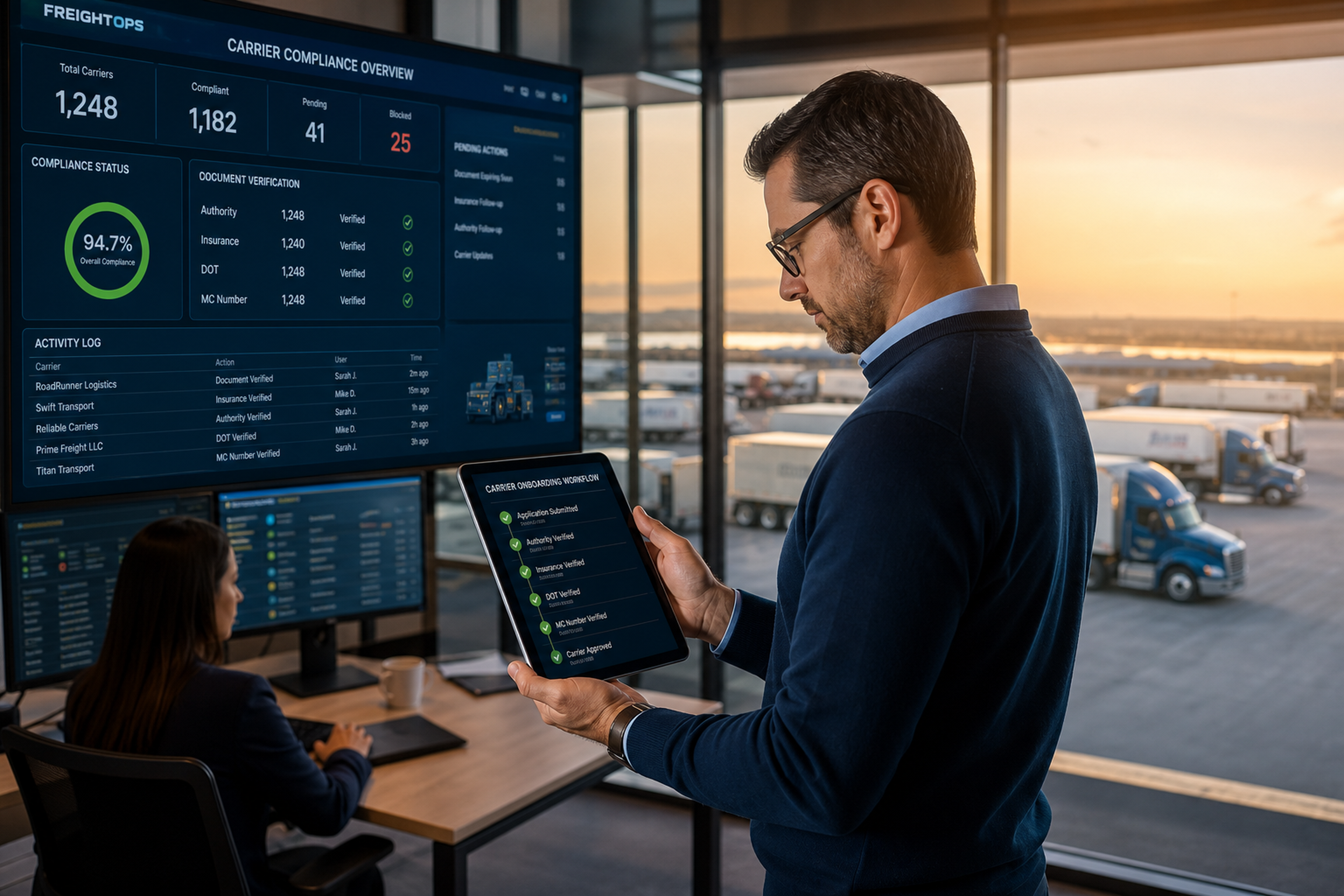 Carrier onboarding software dashboard showing FMCSA verification and compliance status for freight brokers and shippers