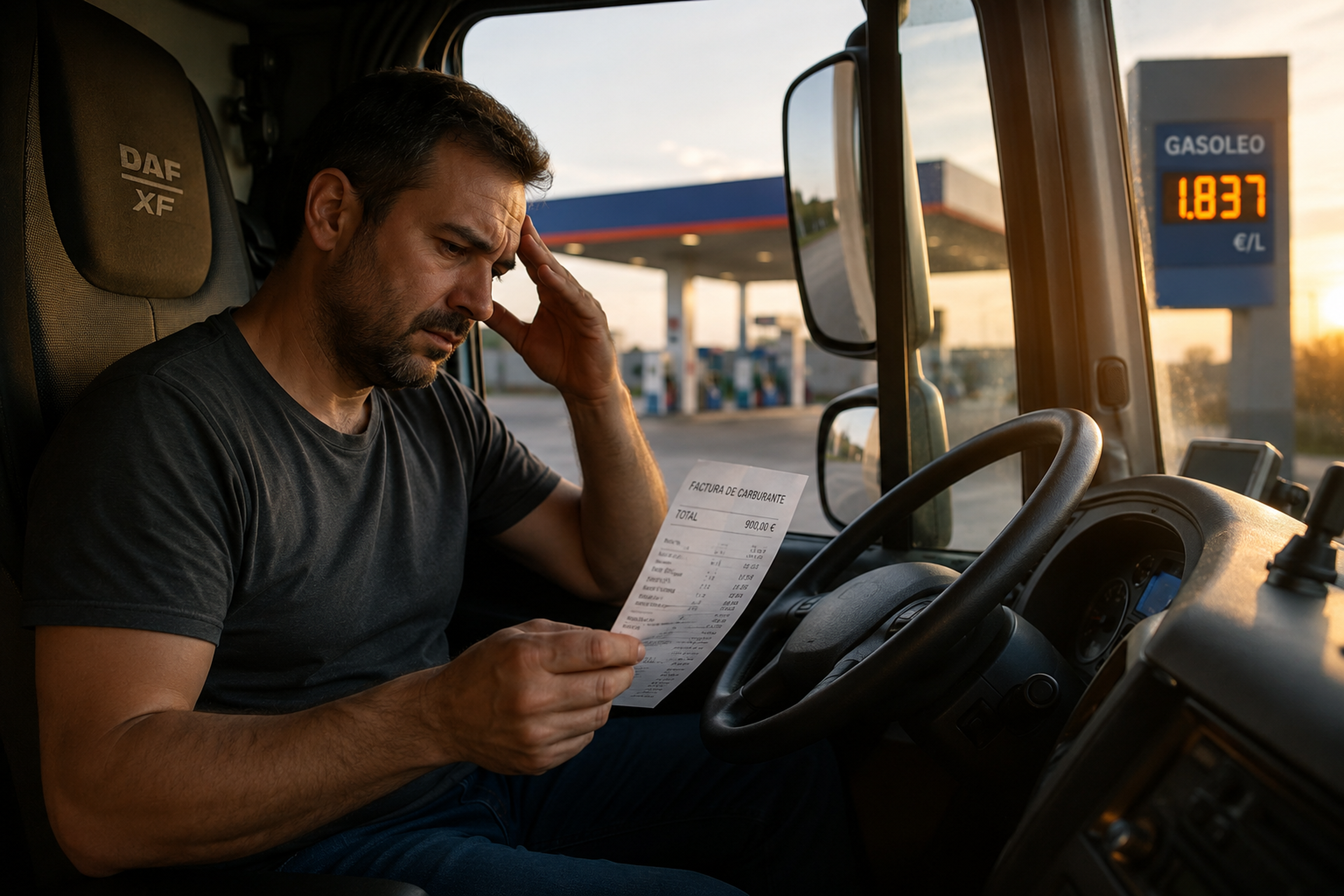 Camionero preocupado leyendo un documento dentro de la cabina mientras una gasolinera muestra un precio de gasóleo de 1,837 €/L al fondo, imagen representativa de la subida del diésel en España.