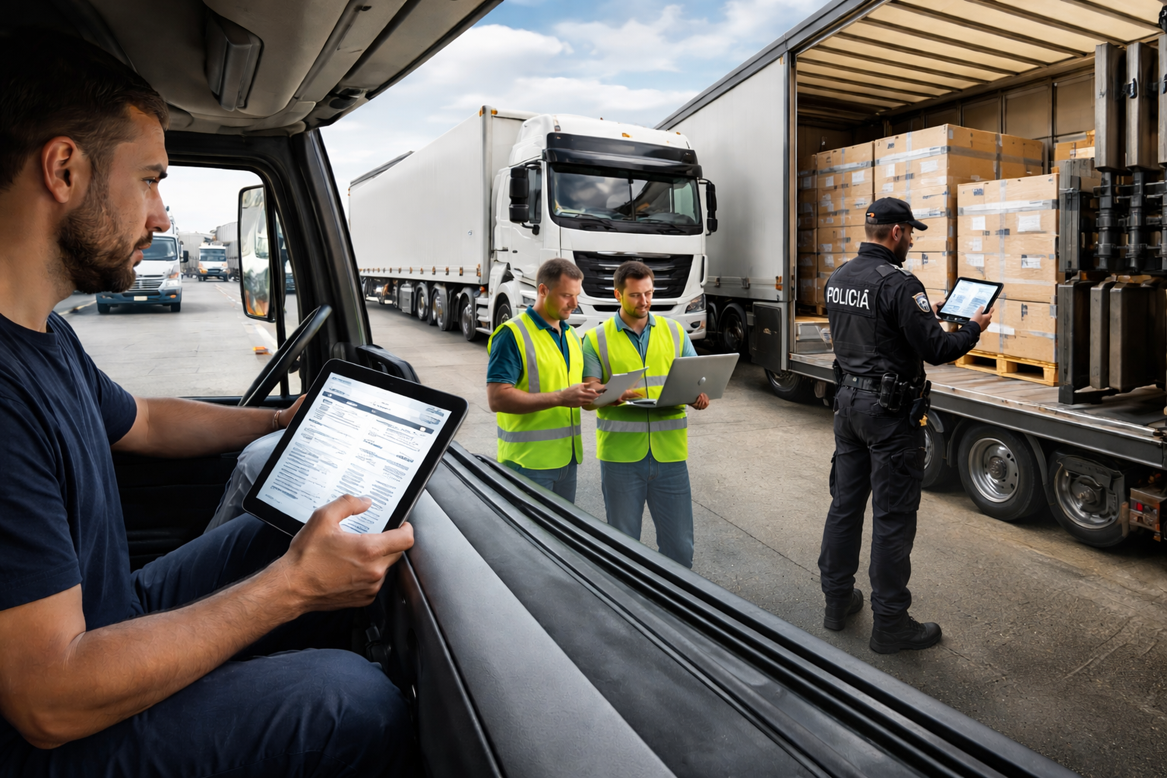 Inspección de transporte en España con eFTI en España, un conductor consulta una tablet mientras operarios y un agente revisan la carga del camión.