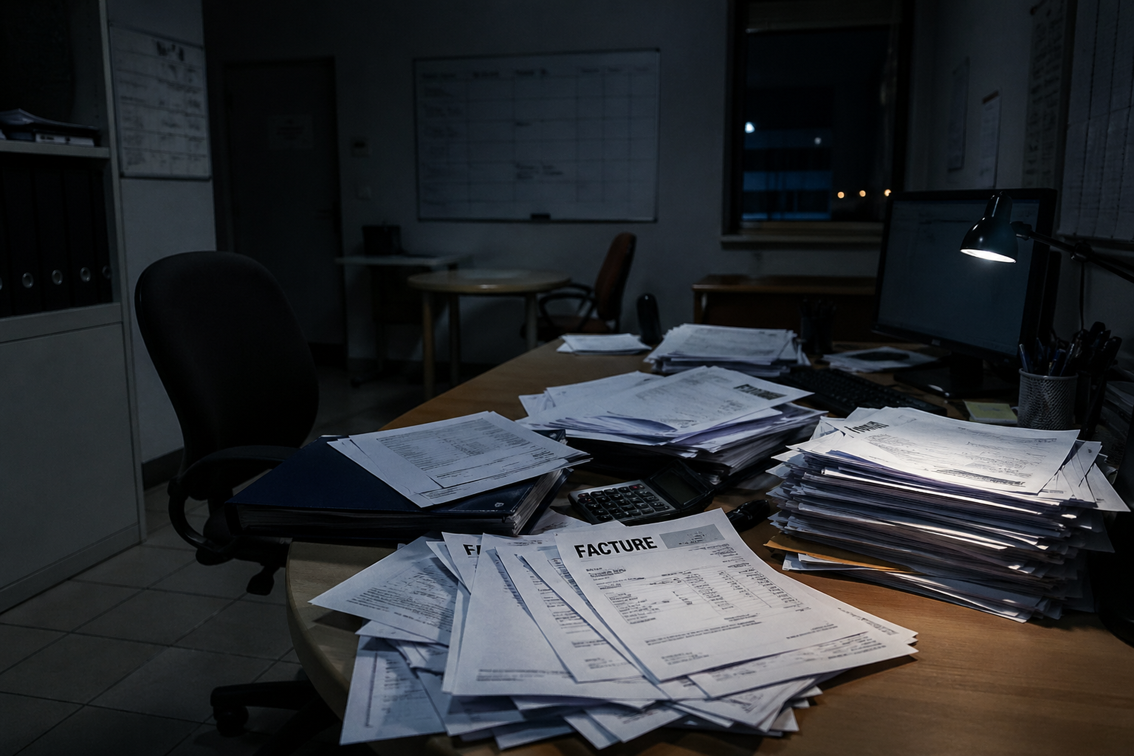 Bureau encombré avec des factures en attente, illustrant la charge administrative d'un transporteur qui n'utilise pas de bourse de fret pour optimiser ses missions.