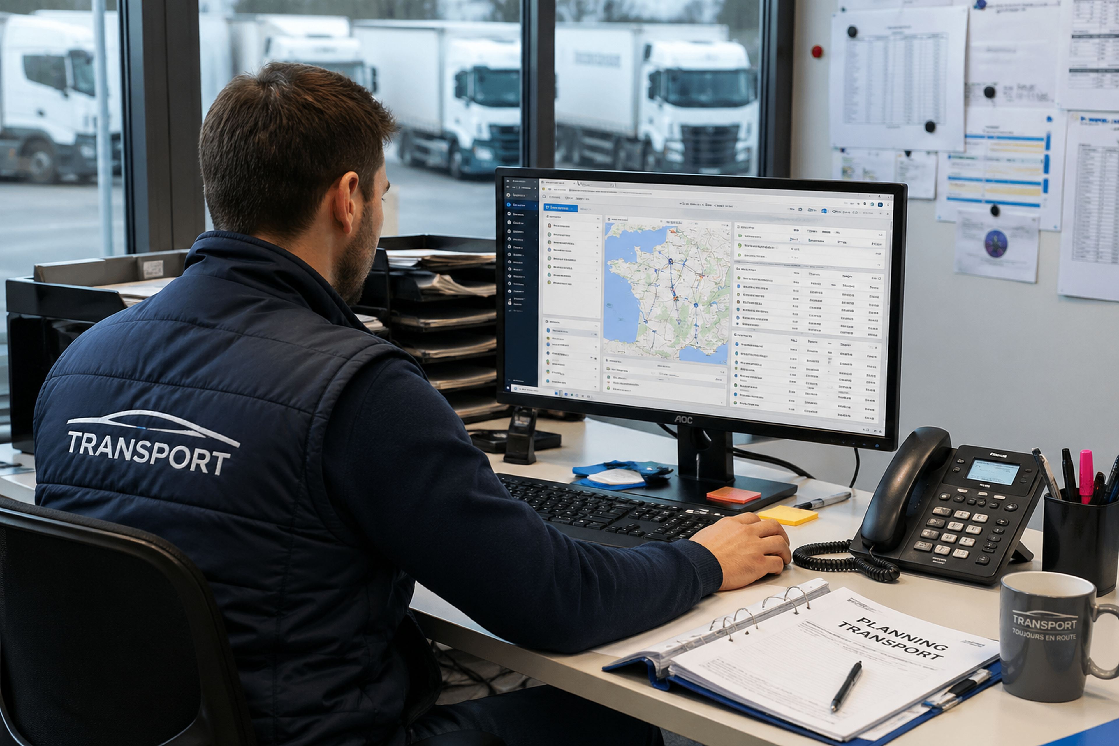 Homme en gilet "Transport" assis à un bureau, utilisant un ordinateur affichant une carte logistique pour optimiser son remboursement TICPE, entouré de fournitures de bureau, d'un téléphone et de documents.