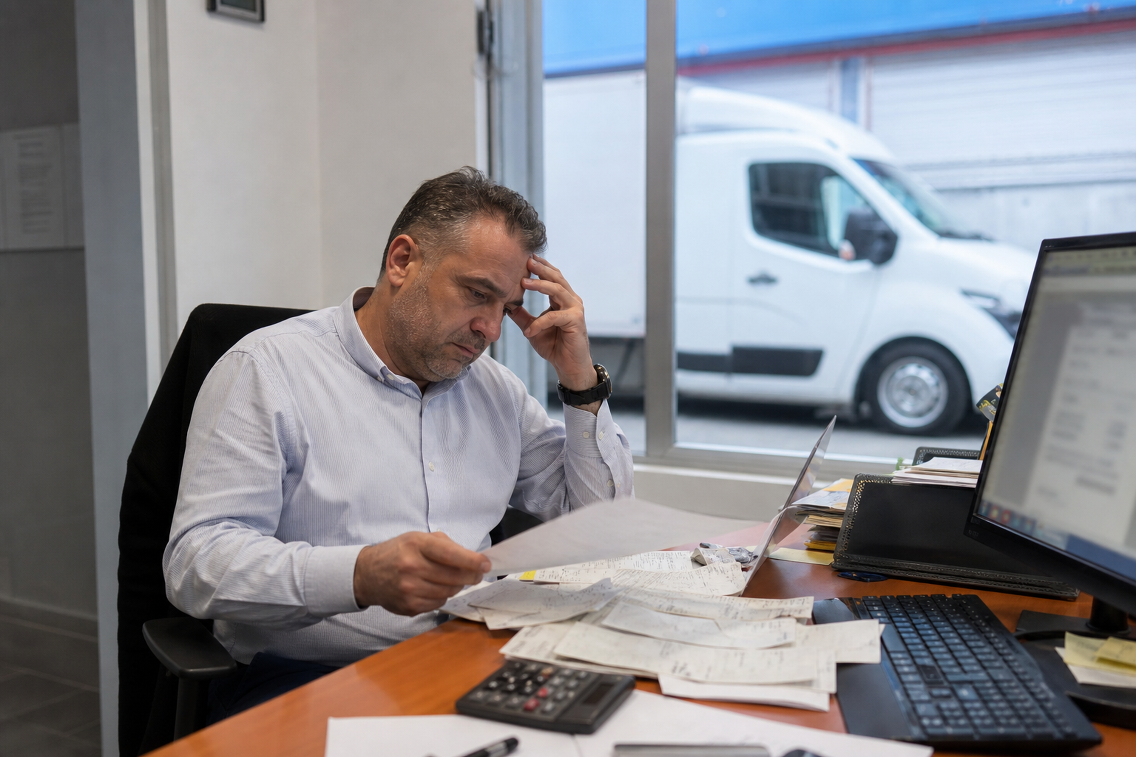 Responsable de empresa revisando documentación en su escritorio con calculadora y ordenador, ilustrando las obligaciones de la LCTTM con una furgoneta visible por la ventana