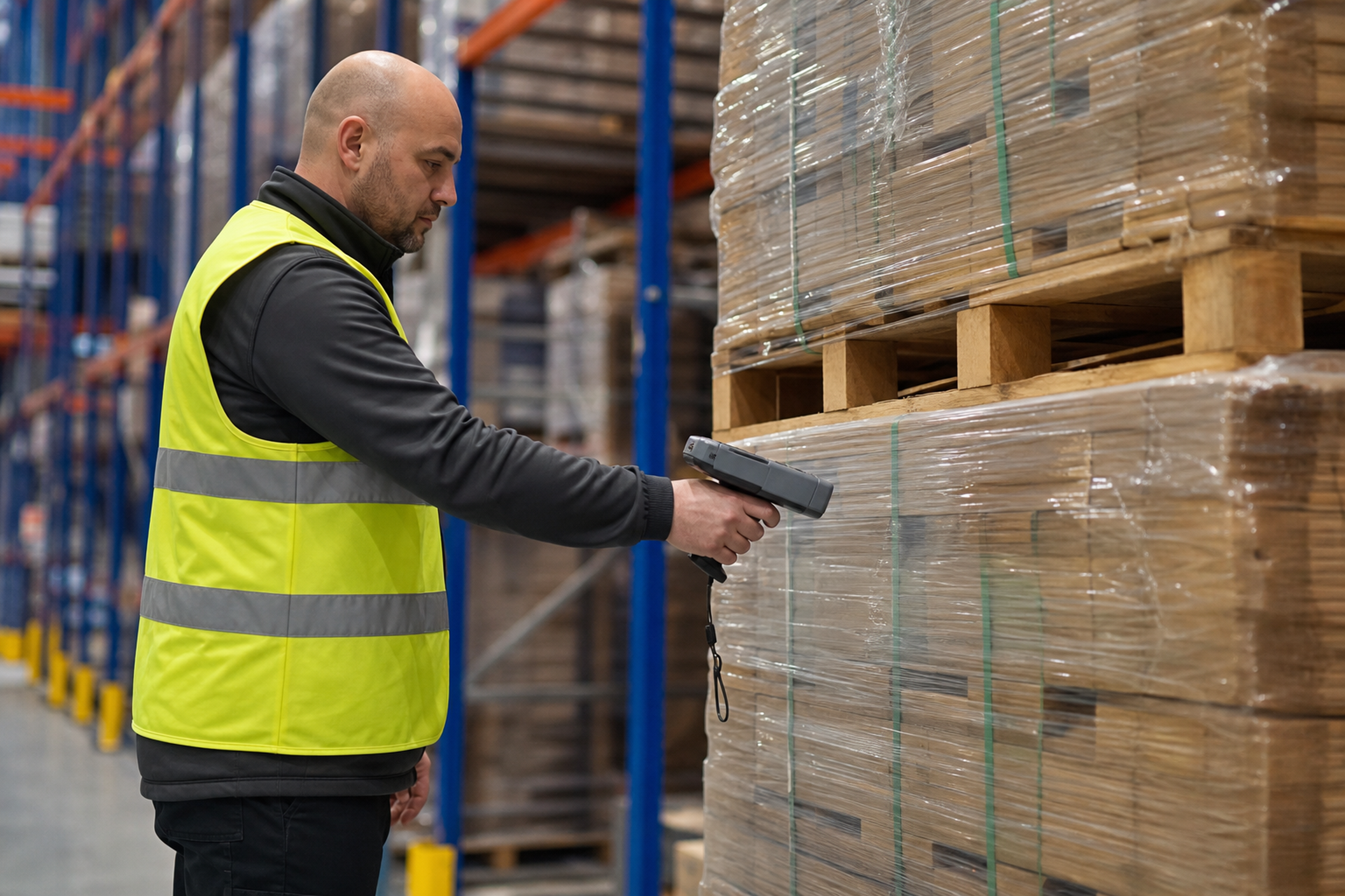 Opérateur logistique scannant une palette dans un entrepôt, illustrant l'exécution terrain d'un logiciel supply chain de type WMS.